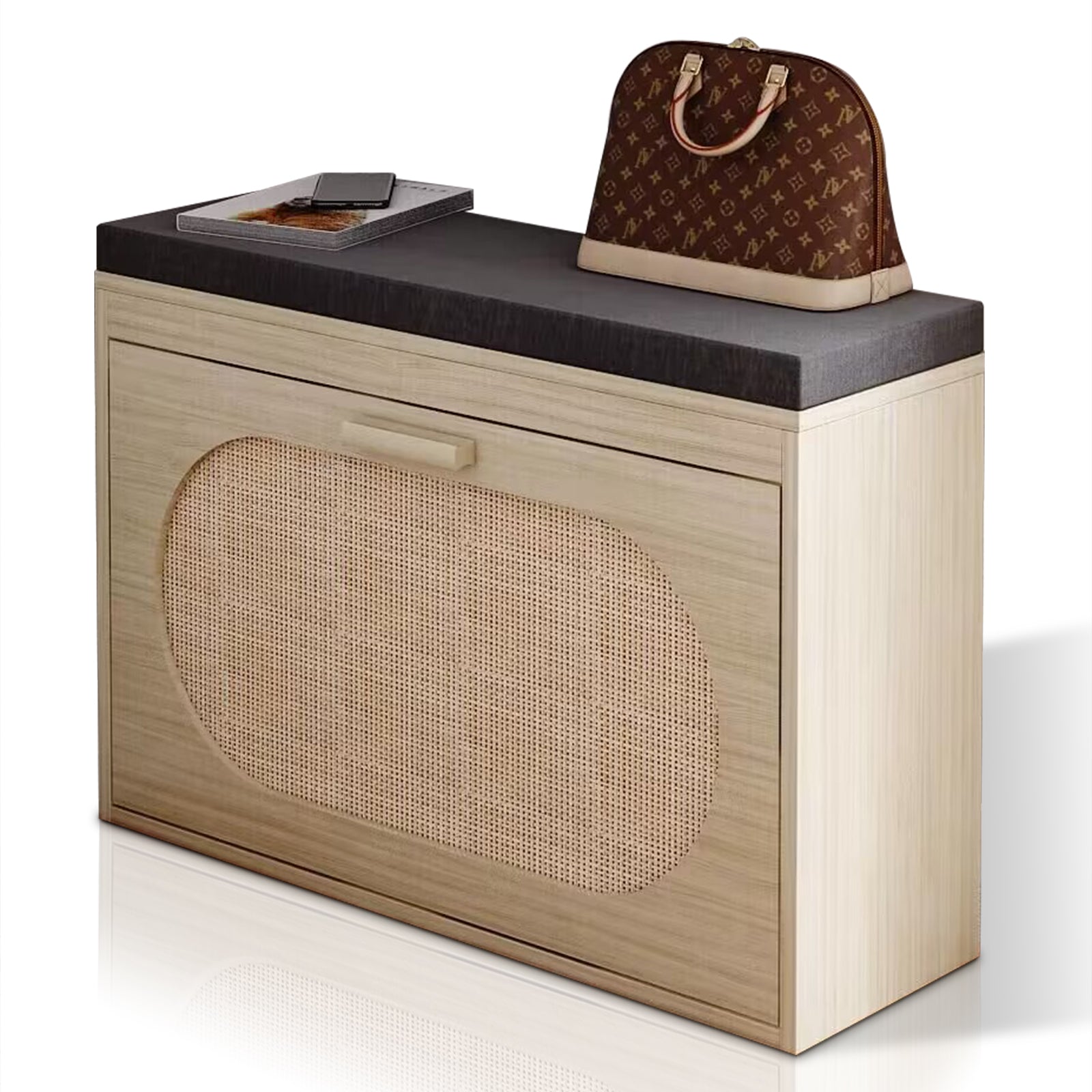 HAOYYE Rattan Shoe Rack, Hallway Shoe Bench, Shoe Cabinet with Flip-Drawer and Seat Cushion Sturdy Design Durable Multifunctional Modern Home Organizer Storage Solution Practical Stylish Space-Saving