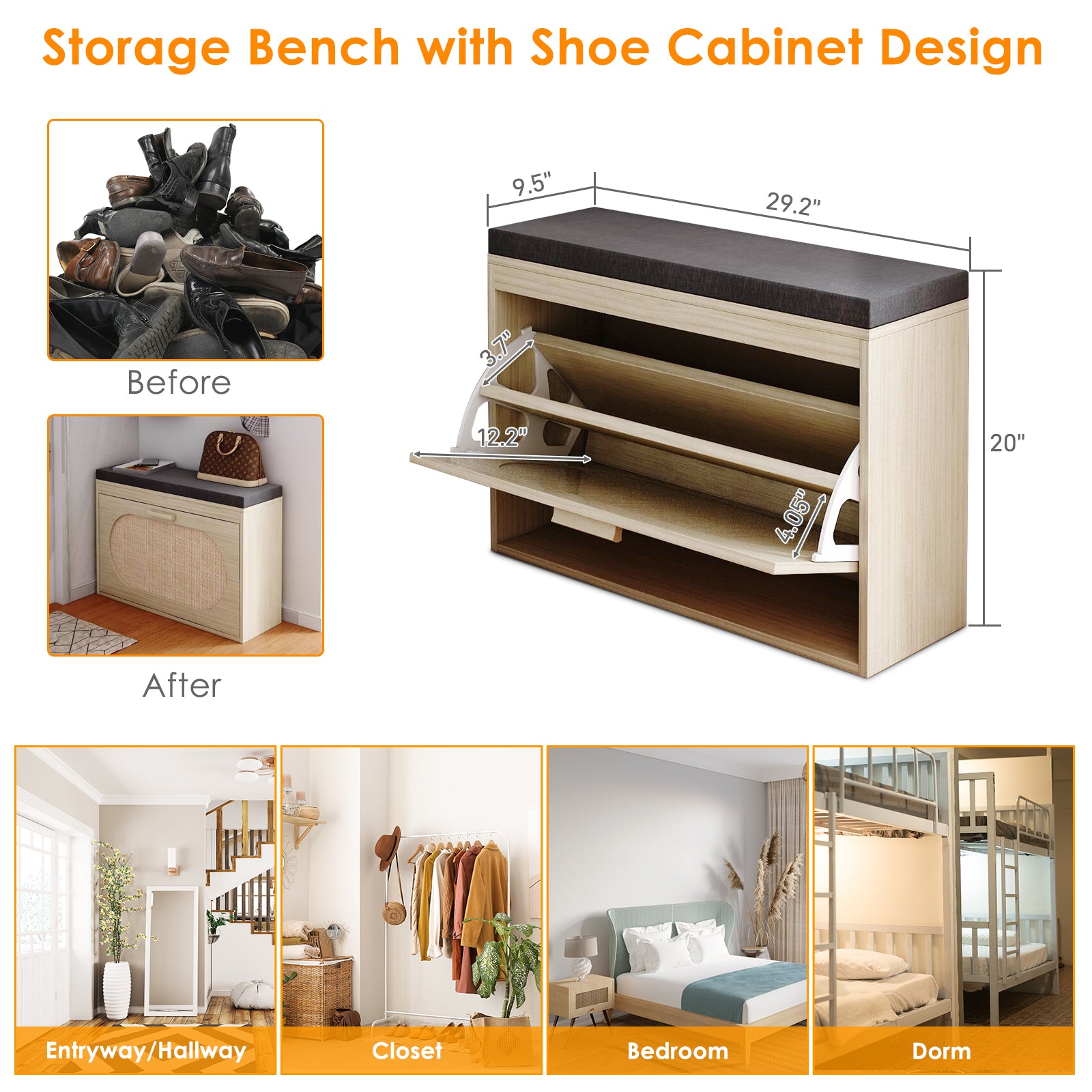 HAOYYE Rattan Shoe Rack, Hallway Shoe Bench, Shoe Cabinet with Flip-Drawer and Seat Cushion Sturdy Design Durable Multifunctional Modern Home Organizer Storage Solution Practical Stylish Space-Saving