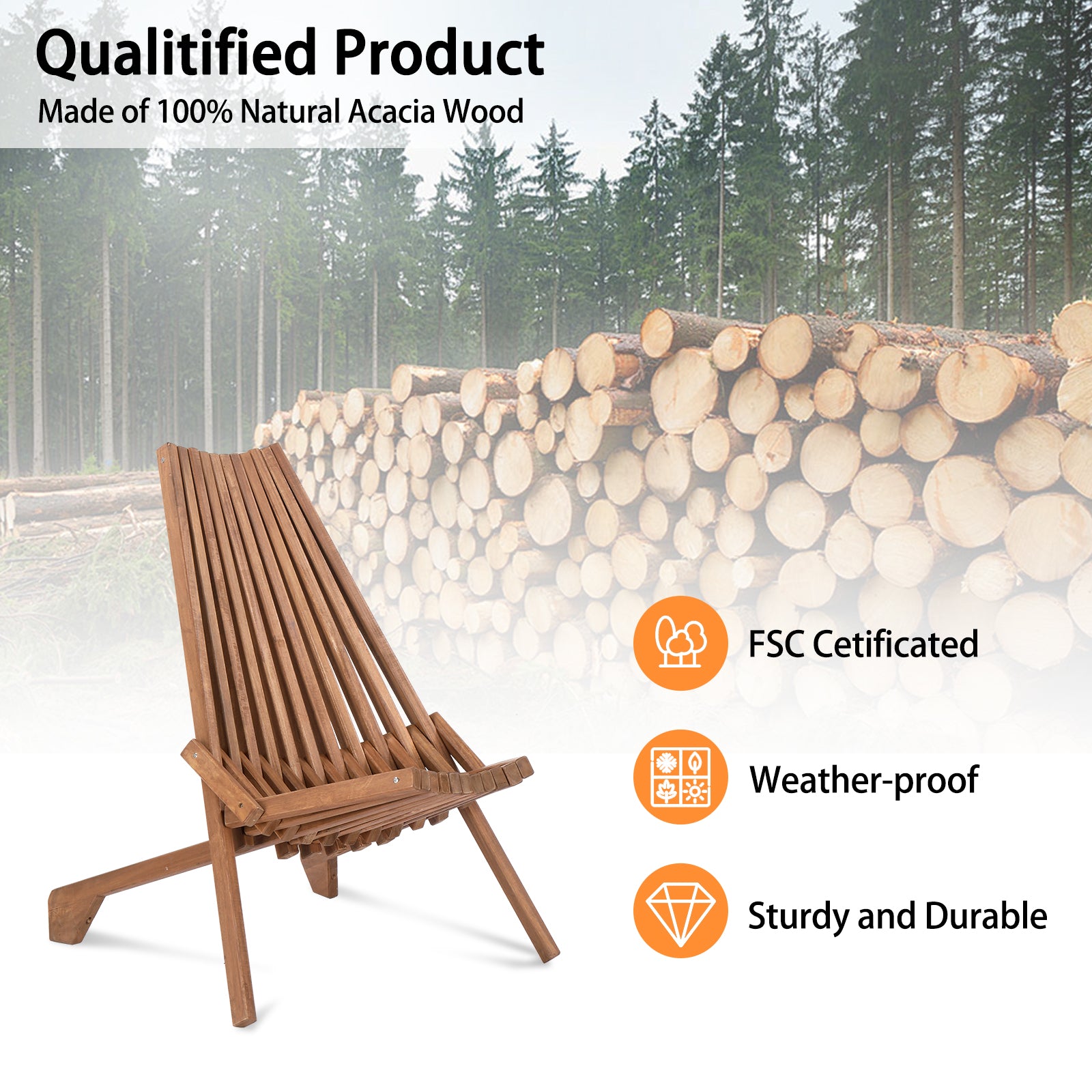 HAOYYE Wood Folding Chair for Outdoor, Low Profile Acacia Wood Lounge Chair for Balcony Porch Backyard Patio Lawn Garden