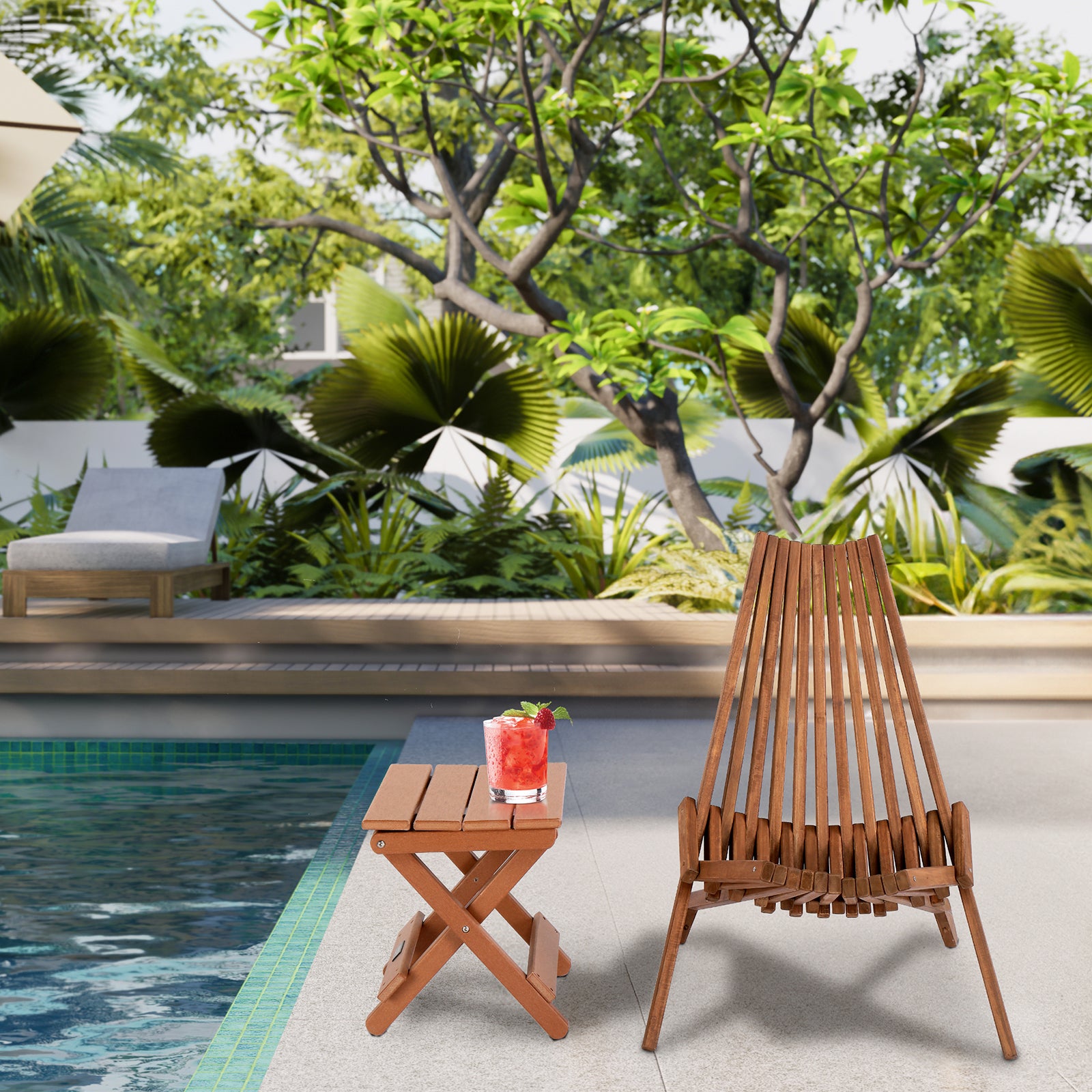 HAOYYE Wood Folding Chair for Outdoor, Low Profile Acacia Wood Lounge Chair for Balcony Porch Backyard Patio Lawn Garden