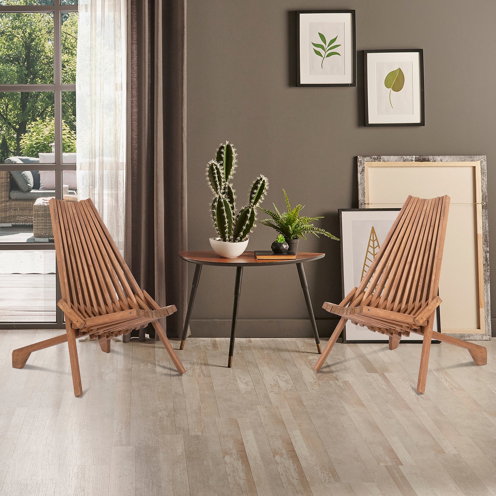 HAOYYE Wood Folding Chair for Outdoor, Low Profile Acacia Wood Lounge Chair for Balcony Porch Backyard Patio Lawn Garden