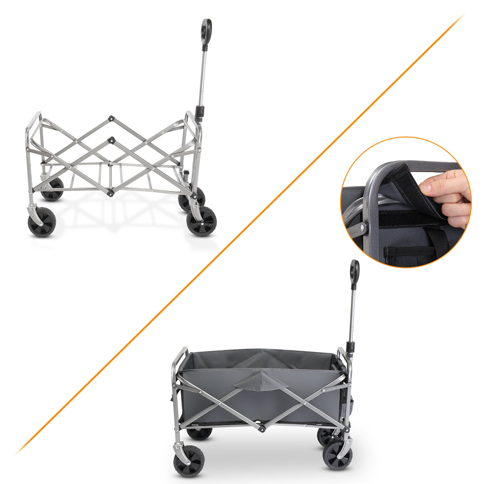 HAOYYE Garden Folding Cart with Steel Frame and Flat Folding Design, Heavy Duty Utility Wagon with 600D Oxford Cloth for Outdoor Transport Camping Gardening and Yard Work, Gray Fabric with Silver Frame