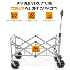 HAOYYE Garden Folding Cart with Steel Frame and Flat Folding Design, Heavy Duty Utility Wagon with 600D Oxford Cloth for Outdoor Transport Camping Gardening and Yard Work, Gray Fabric with Silver Frame