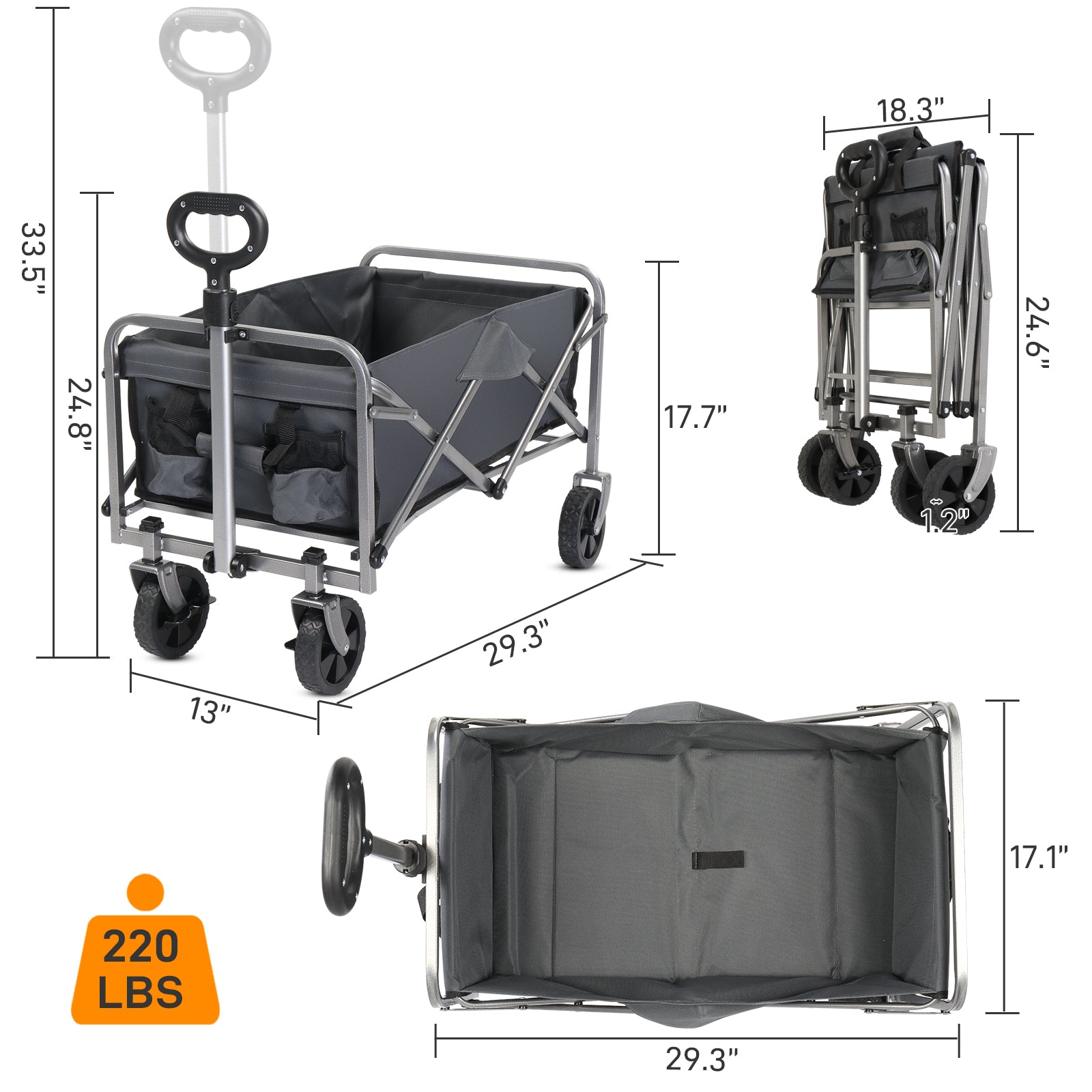 HAOYYE Garden Folding Cart with Steel Frame and Flat Folding Design, Heavy Duty Utility Wagon with 600D Oxford Cloth for Outdoor Transport Camping Gardening and Yard Work, Gray Fabric with Silver Frame