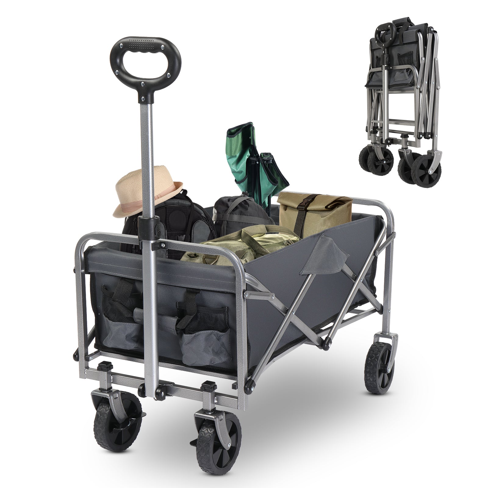 HAOYYE Garden Folding Cart with Steel Frame and Flat Folding Design, Heavy Duty Utility Wagon with 600D Oxford Cloth for Outdoor Transport Camping Gardening and Yard Work, Gray Fabric with Silver Frame