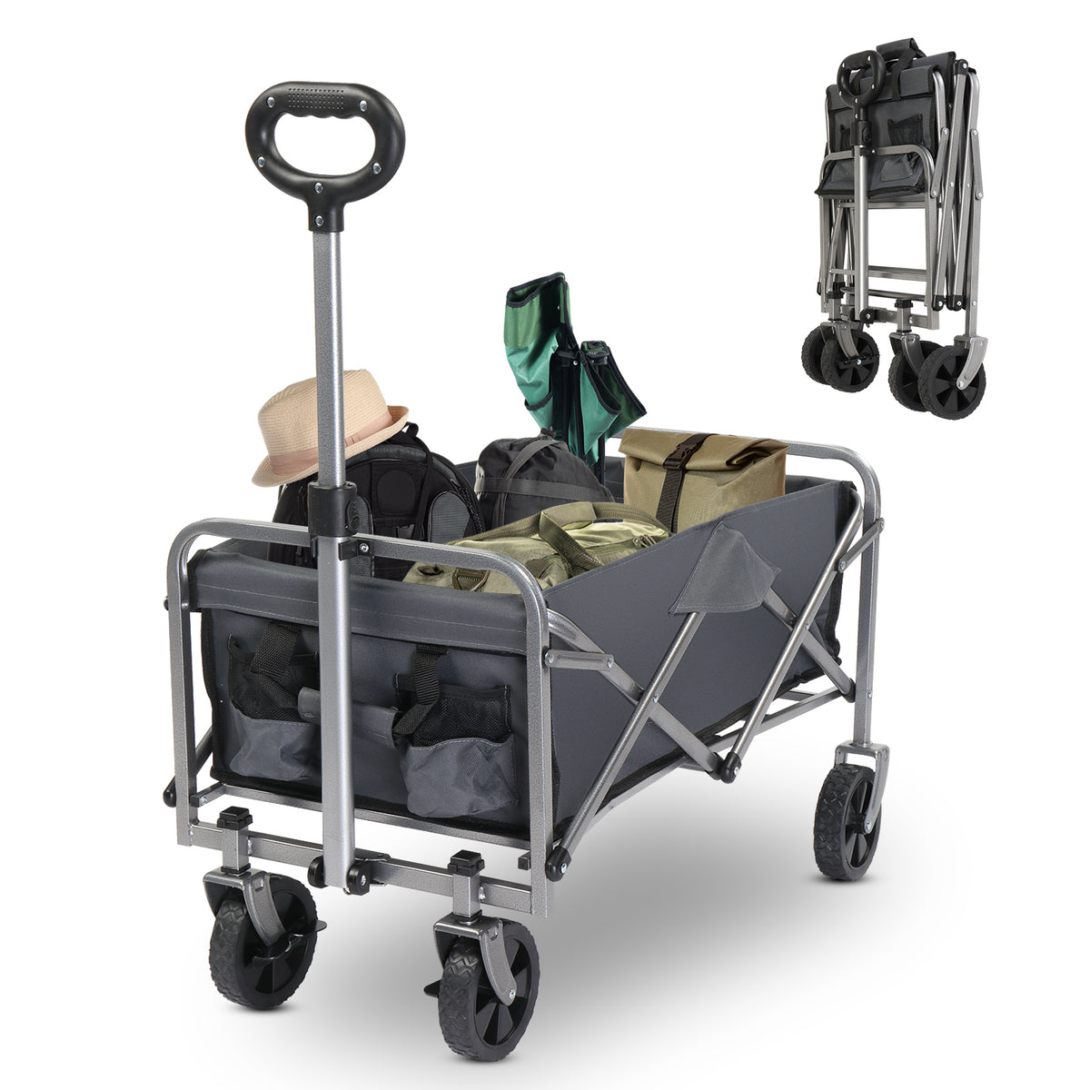 HAOYYE Garden Folding Cart with Steel Frame and Flat Folding Design, Heavy Duty Utility Wagon with 600D Oxford Cloth for Outdoor Transport Camping Gardening and Yard Work, Gray Fabric with Silver Frame