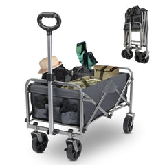 HAOYYE Garden Folding Cart with Steel Frame and Flat Folding Design, Heavy Duty Utility Wagon with 600D Oxford Cloth for Outdoor Transport Camping Gardening and Yard Work, Gray Fabric with Silver Frame