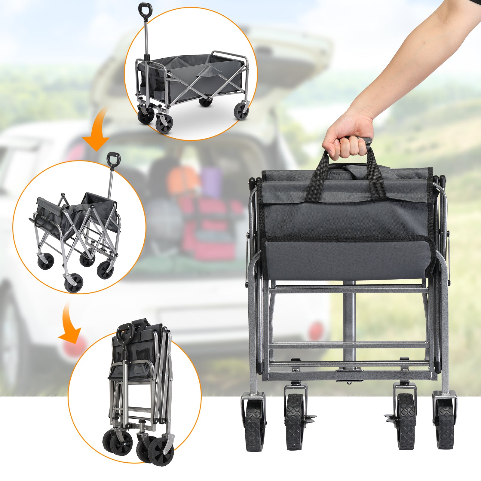HAOYYE Garden Folding Cart with Steel Frame and Flat Folding Design, Heavy Duty Utility Wagon with 600D Oxford Cloth for Outdoor Transport Camping Gardening and Yard Work, Gray Fabric with Silver Frame