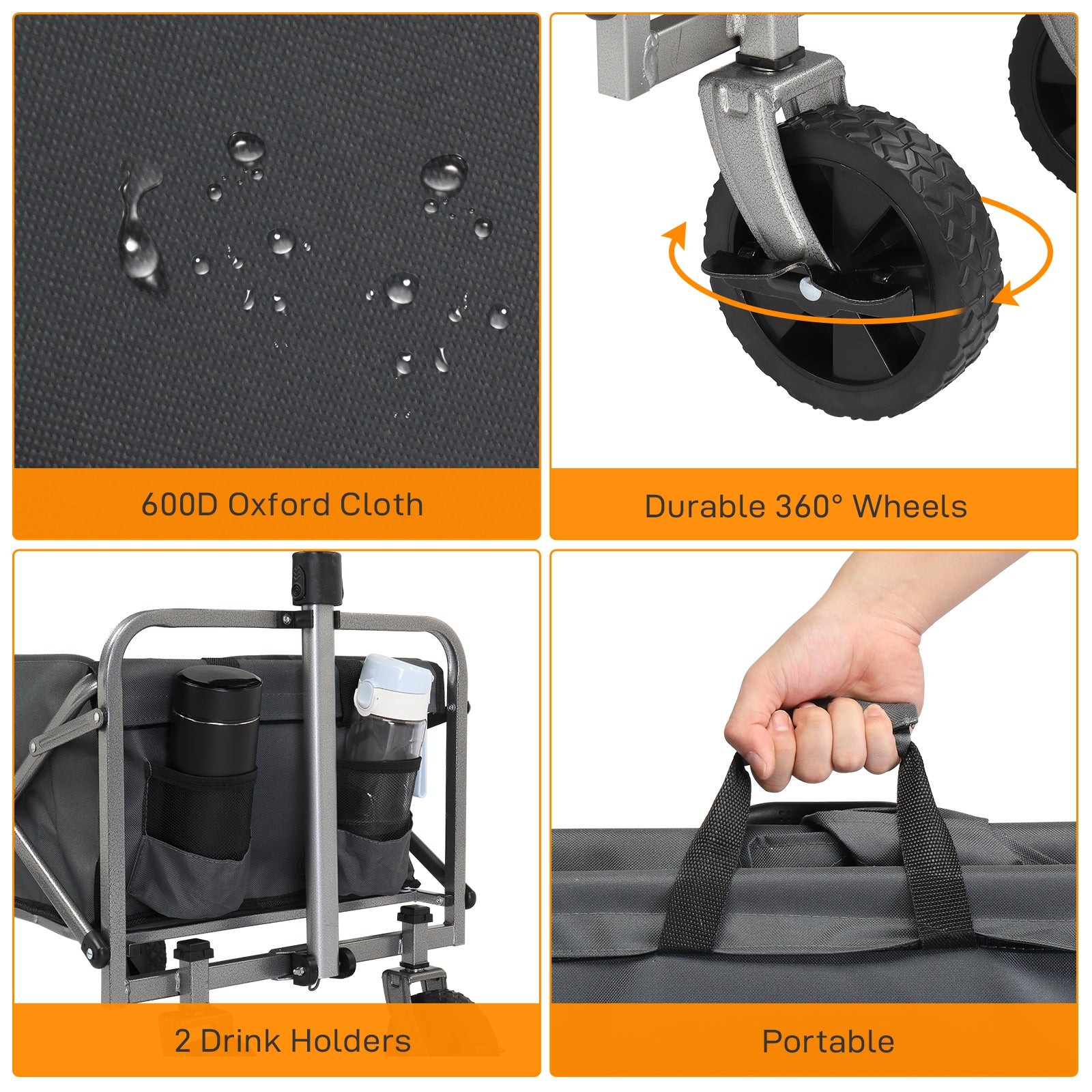 HAOYYE Garden Folding Cart with Steel Frame and Flat Folding Design, Heavy Duty Utility Wagon with 600D Oxford Cloth for Outdoor Transport Camping Gardening and Yard Work, Gray Fabric with Silver Frame