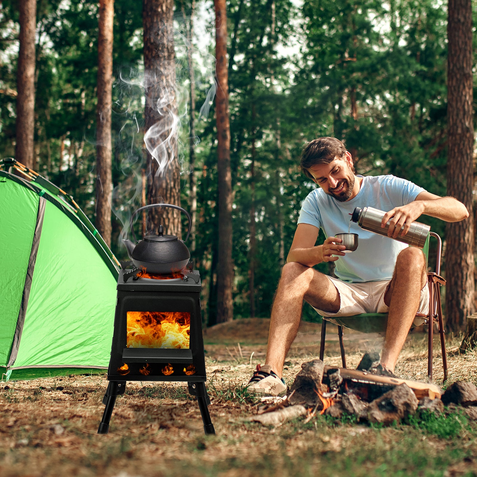 HAOYYE Portable Wood Camping Stove, High-Efficiency Alloy Steel Outdoor Cooking Stove with Storage Bag, Firewood Hook, and Gloves for Camping, Hiking, and Hunting