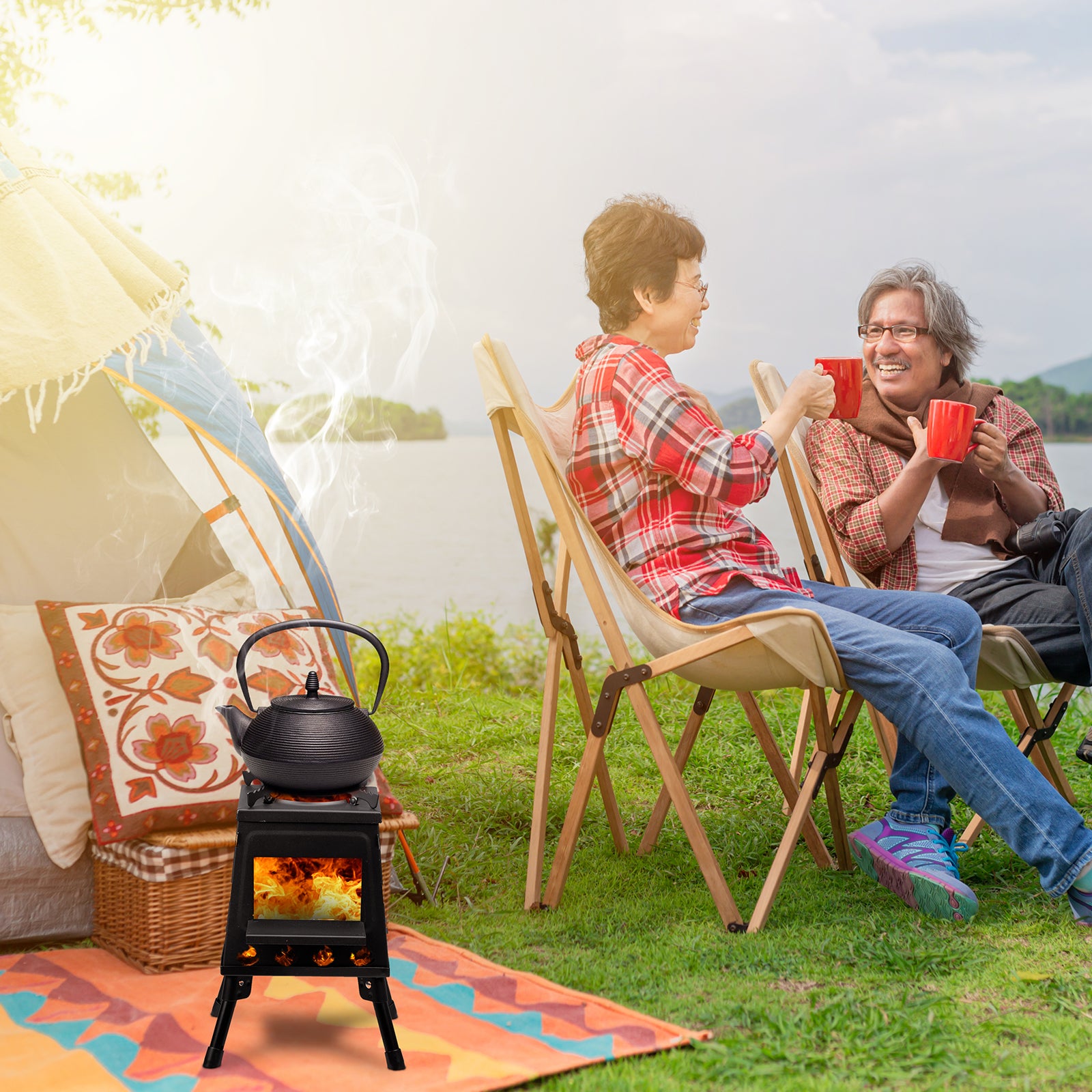 HAOYYE Wood Camping Stove with High Fuel Efficiency, Portable and Durable Alloy Steel Design for Outdoor Cooking, Includes Firewood Hook, Gloves, and Storage Bag