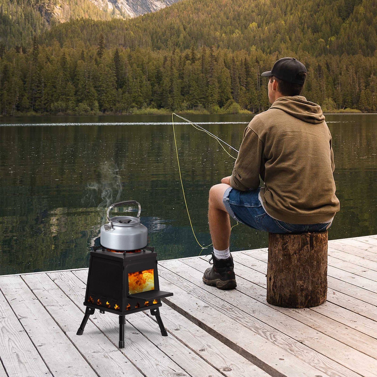 HAOYYE Wood Camping Stove with High Fuel Efficiency, Portable and Durable Alloy Steel Design for Outdoor Cooking, Includes Firewood Hook, Gloves, and Storage Bag