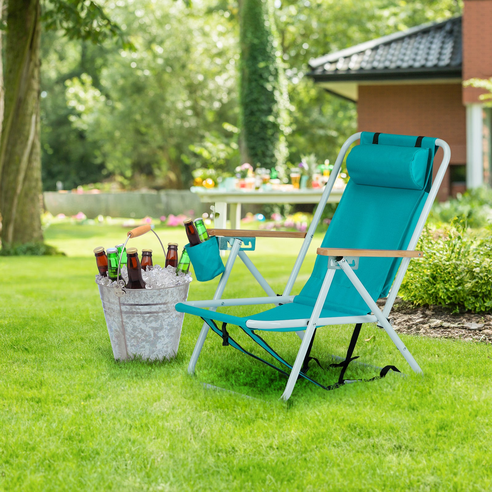 HAOYYE Folding Beach Chair, 4-Position Portable Backpack Foldable Camping Chair with Headrest, Cup Holder, and Wooden Armrests