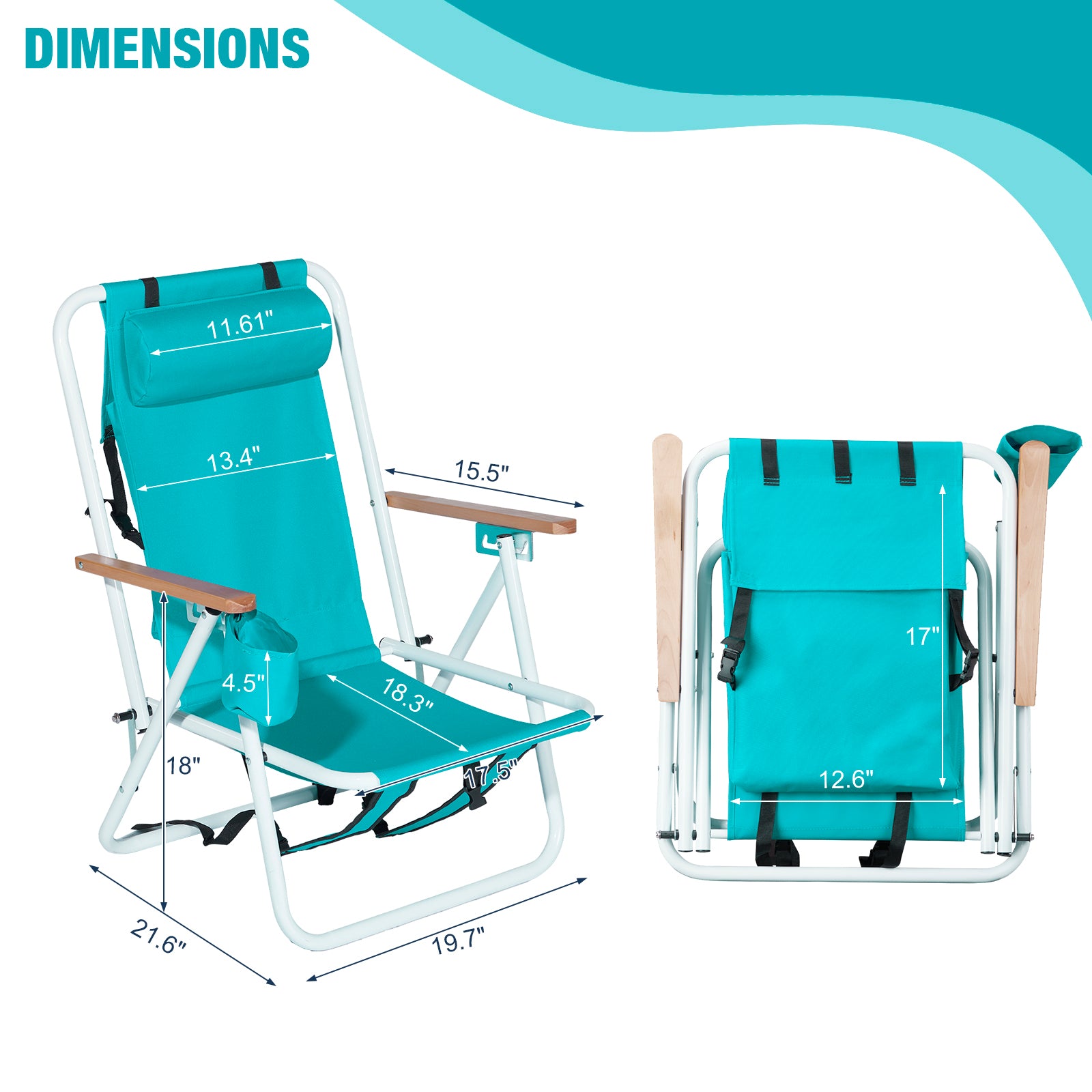 HAOYYE Folding Beach Chair, 4-Position Portable Backpack Foldable Camping Chair with Headrest, Cup Holder, and Wooden Armrests