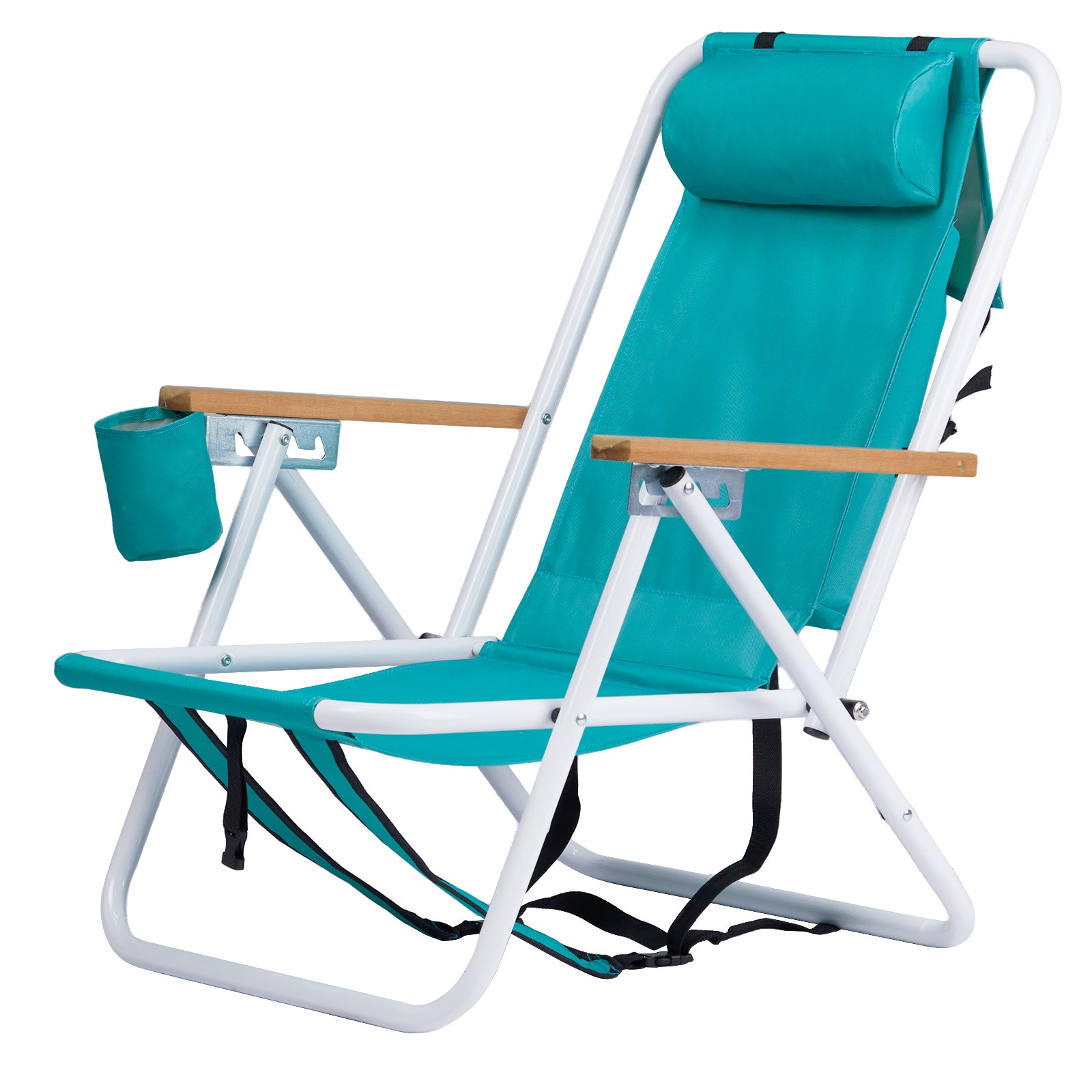 HAOYYE Folding Beach Chair, 4-Position Portable Backpack Foldable Camping Chair with Headrest, Cup Holder, and Wooden Armrests
