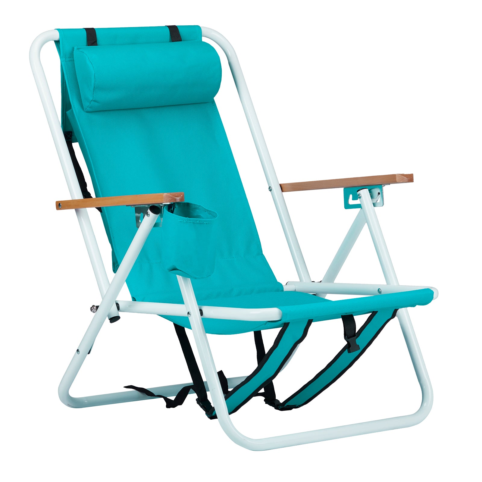 HAOYYE Folding Beach Chair, 4-Position Portable Backpack Foldable Camping Chair with Headrest, Cup Holder, and Wooden Armrests