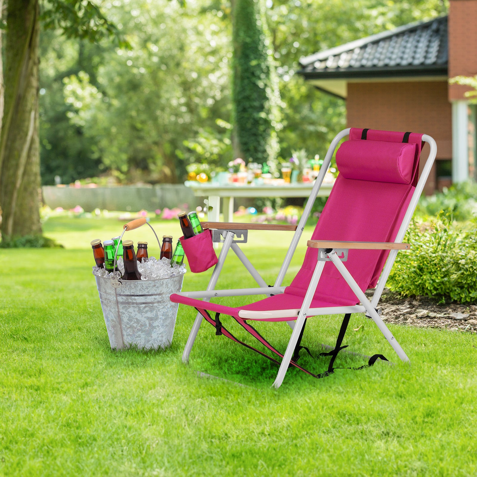HAOYYE Folding Beach Chair, 4-Position Portable Backpack Foldable Camping Chair with Headrest, Cup Holder, and Wooden Armrests