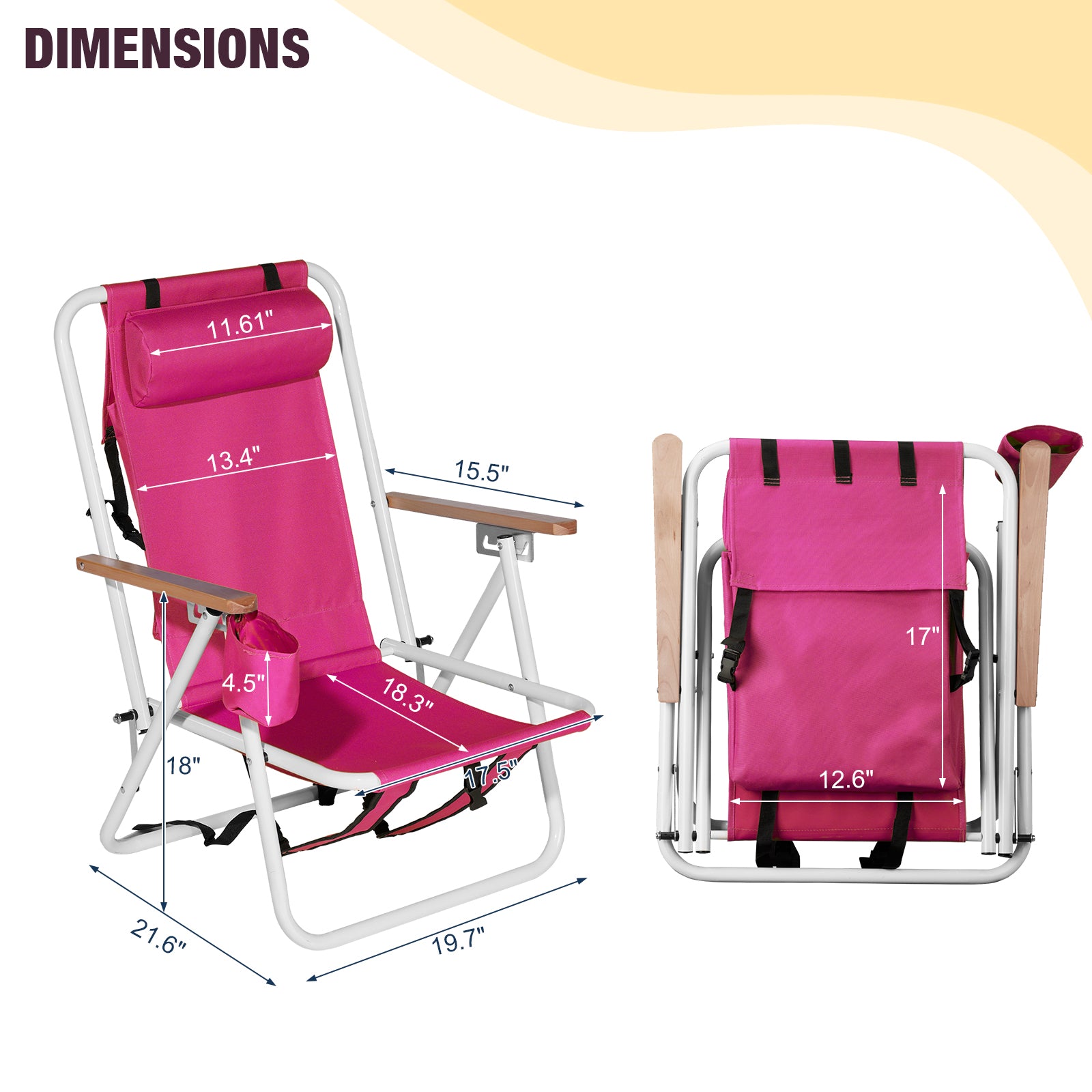 HAOYYE Folding Beach Chair, 4-Position Portable Backpack Foldable Camping Chair with Headrest, Cup Holder, and Wooden Armrests
