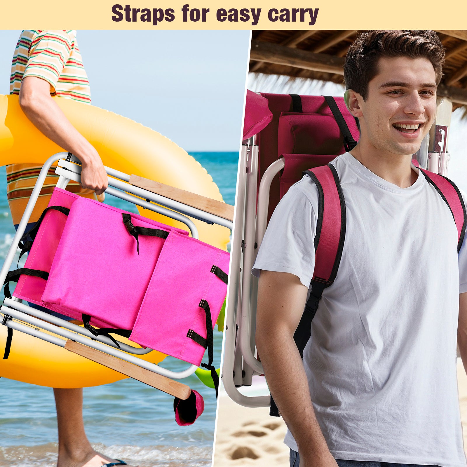 HAOYYE Folding Beach Chair Set of 2 for Adults, 4-Position Portable Backpack Foldable Camping Chair with Headrest, Cup Holder, and Wooden Armrests