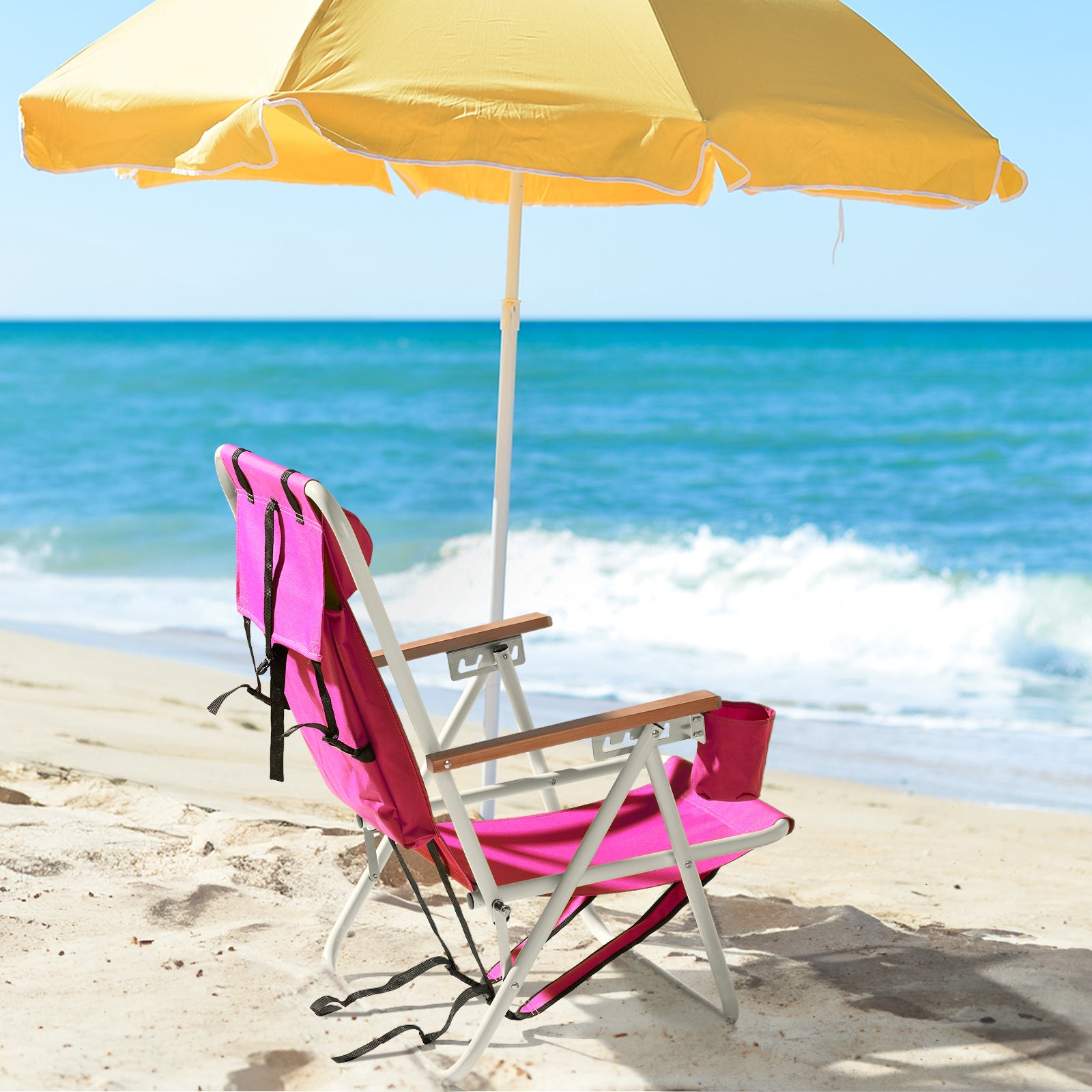 HAOYYE Folding Beach Chair Set of 2 for Adults, 4-Position Portable Backpack Foldable Camping Chair with Headrest, Cup Holder, and Wooden Armrests