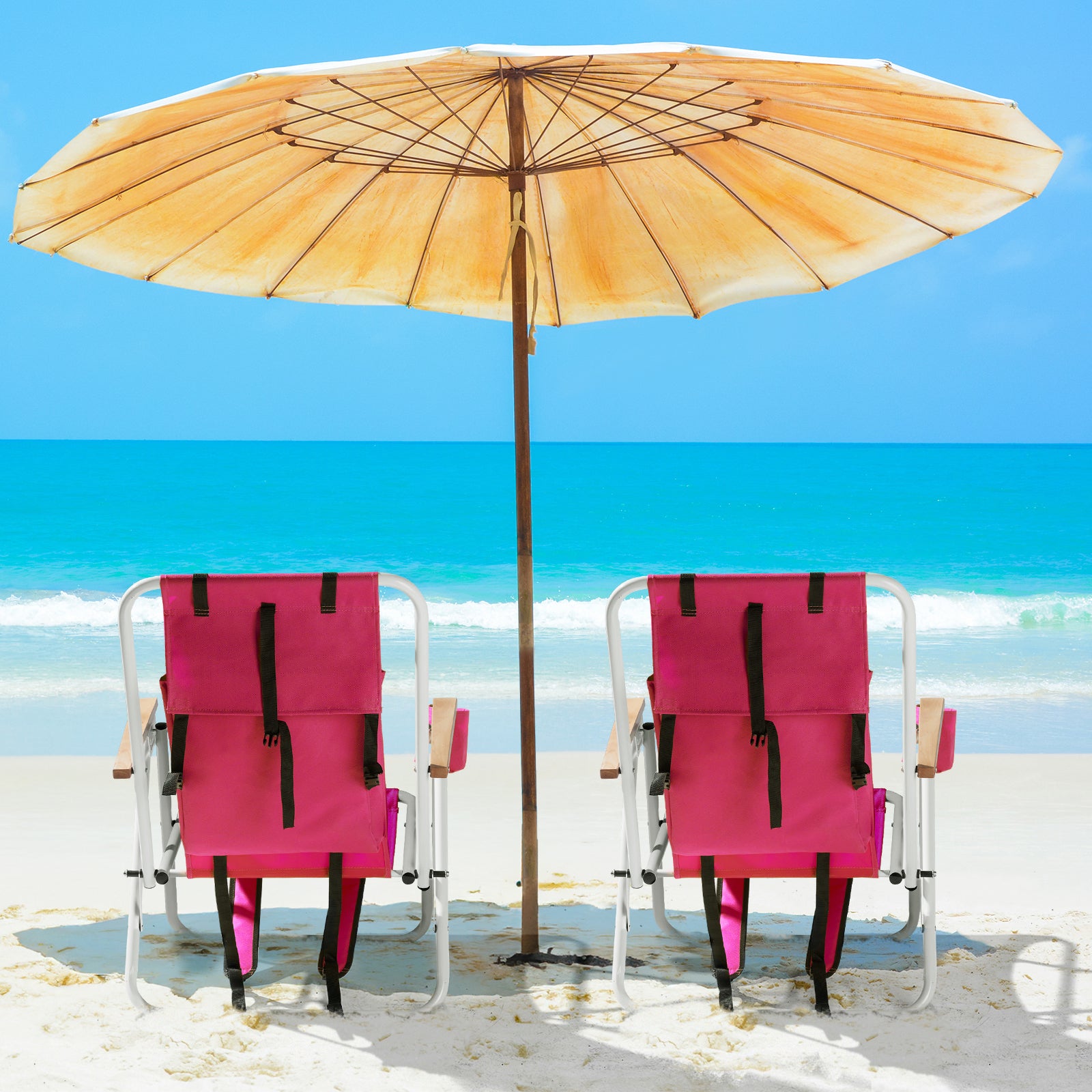 HAOYYE Folding Beach Chair Set of 2 for Adults, 4-Position Portable Backpack Foldable Camping Chair with Headrest, Cup Holder, and Wooden Armrests