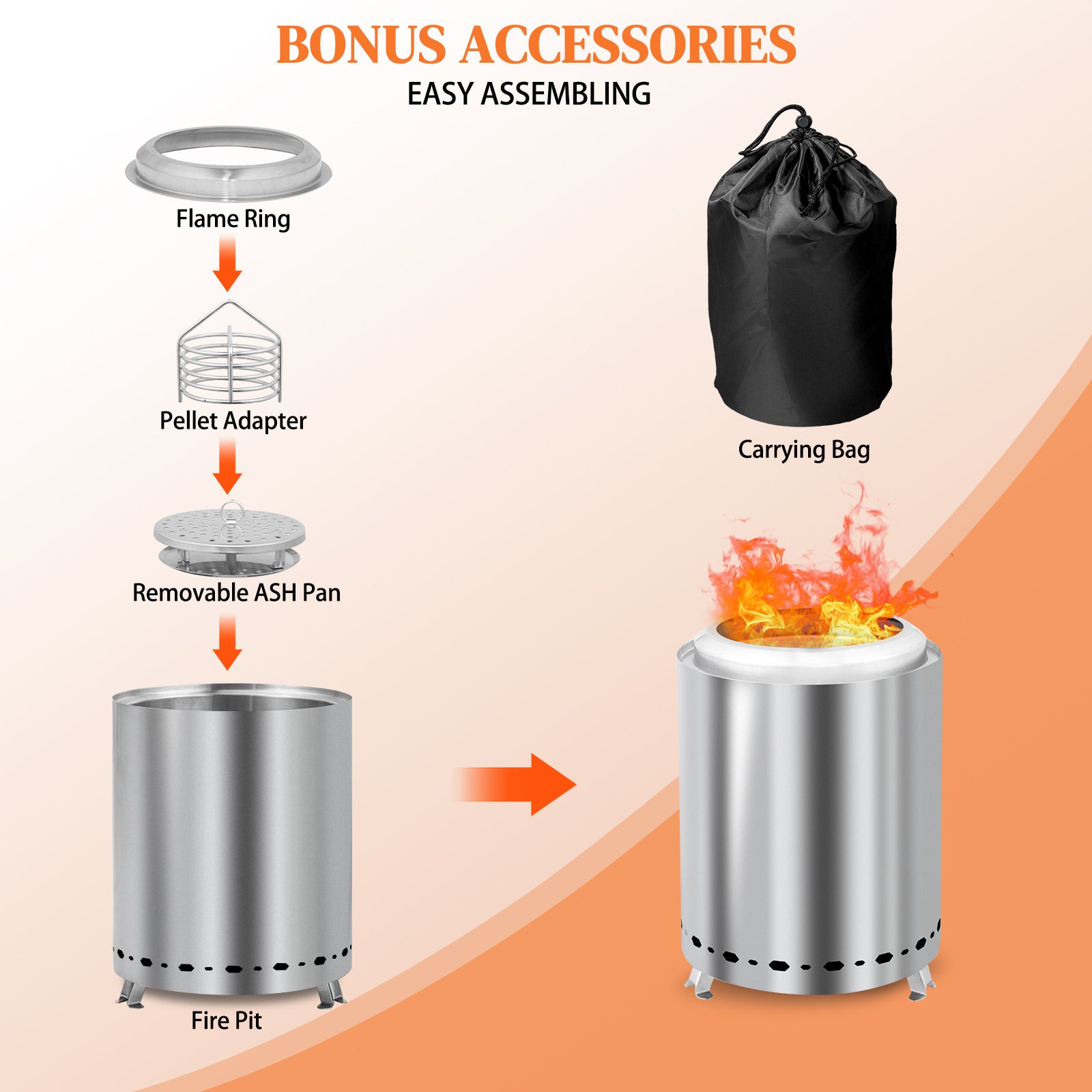 HAOYYE Smokeless Fire Pit Silver Stainless Steel Portable Mini Wood Burning Stove with Foldable Legs Travel Bag 360° Airflow for Outdoor Camping Patio Tabletop