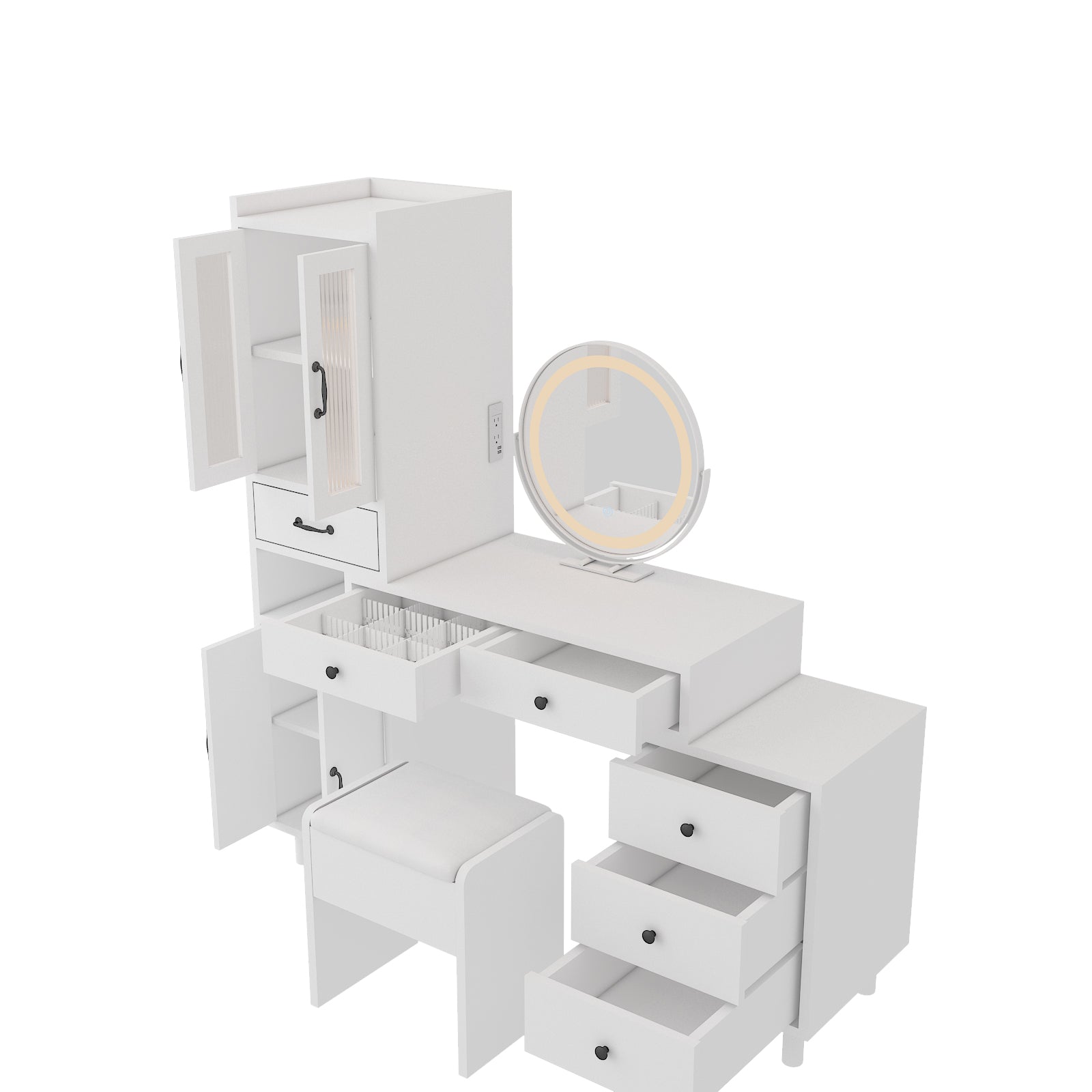 HAOYYE Modern Makeup Vanity Table Set with Side Cabinet, LED Mirror, 3 Light Colors, Retractable Dressing Table with Power Outlets, Adjustable LED Lighting, Storage Drawer, Elegant Makeup Desk for Bedroom, Dressing Room, Home Use