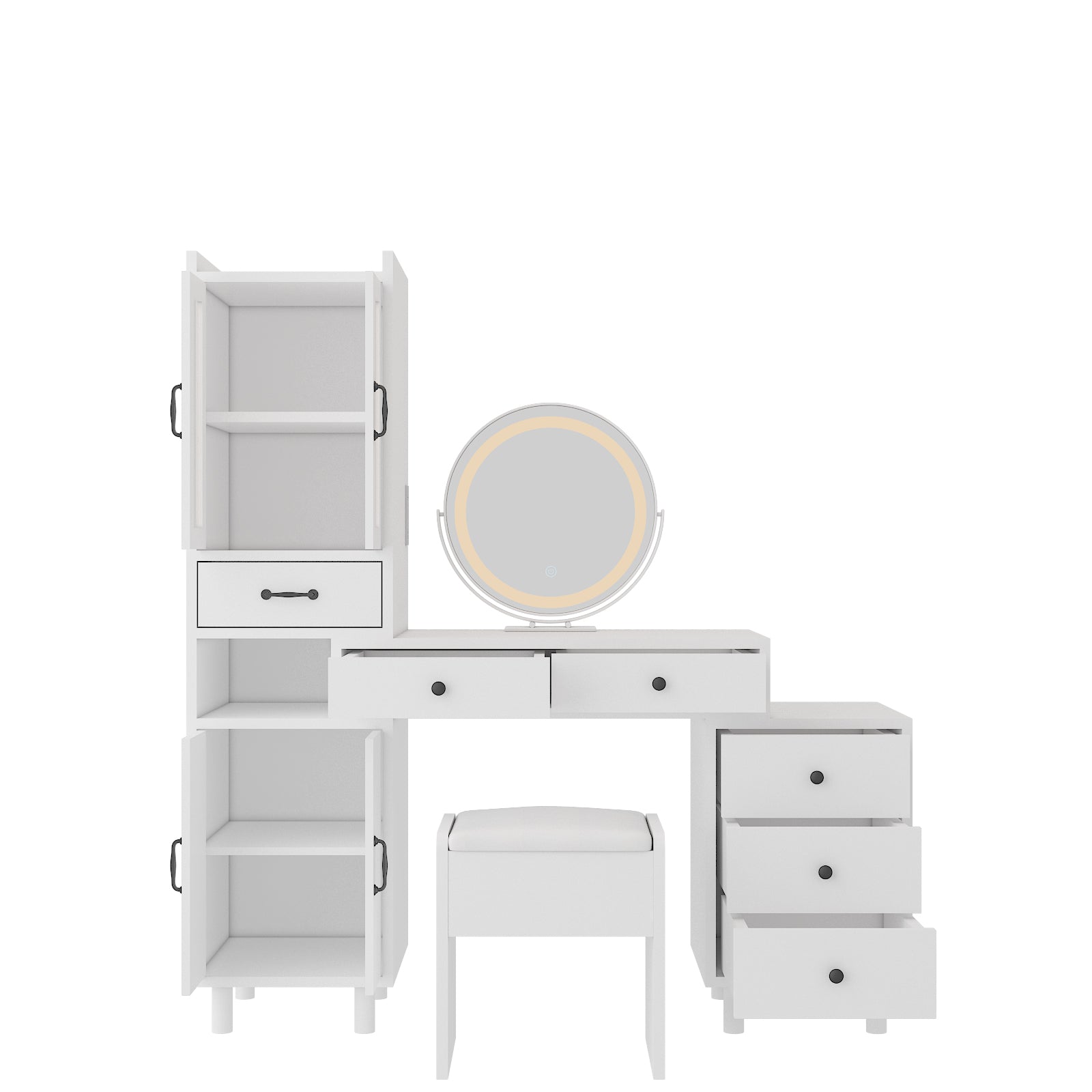 HAOYYE Modern Makeup Vanity Table Set with Side Cabinet, LED Mirror, 3 Light Colors, Retractable Dressing Table with Power Outlets, Adjustable LED Lighting, Storage Drawer, Elegant Makeup Desk for Bedroom, Dressing Room, Home Use