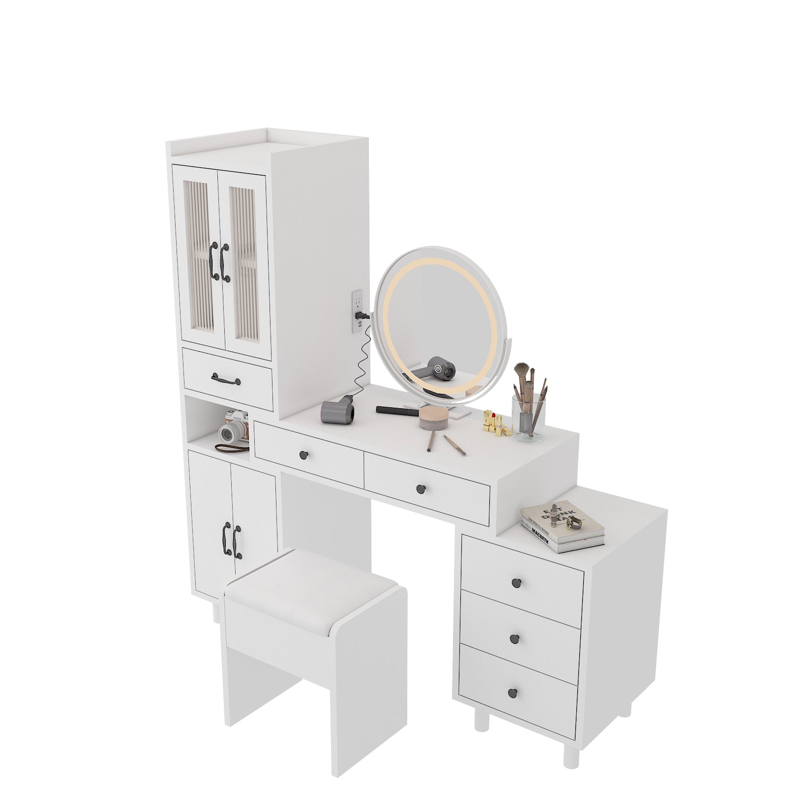 HAOYYE Modern Makeup Vanity Table Set with Side Cabinet, LED Mirror, 3 Light Colors, Retractable Dressing Table with Power Outlets, Adjustable LED Lighting, Storage Drawer, Elegant Makeup Desk for Bedroom, Dressing Room, Home Use