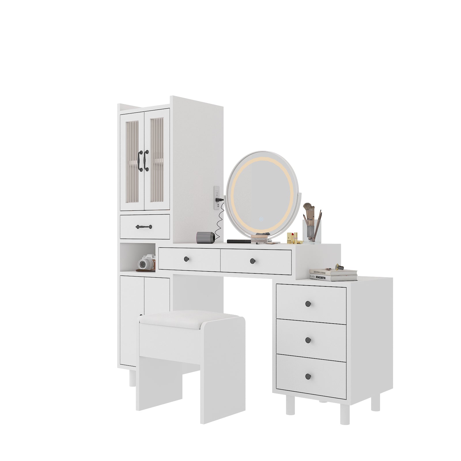 HAOYYE Modern Makeup Vanity Table Set with Side Cabinet, LED Mirror, 3 Light Colors, Retractable Dressing Table with Power Outlets, Adjustable LED Lighting, Storage Drawer, Elegant Makeup Desk for Bedroom, Dressing Room, Home Use
