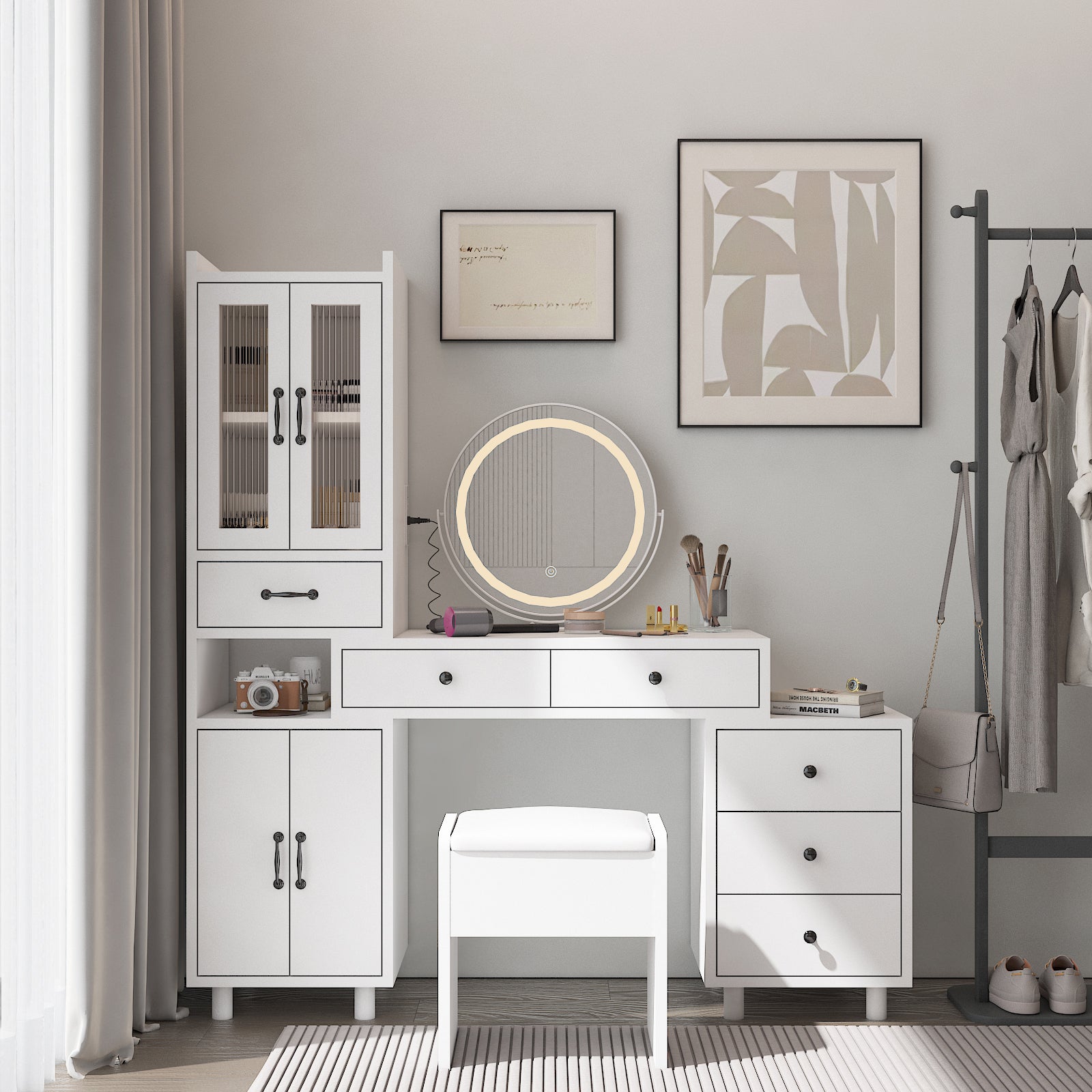 HAOYYE Modern Makeup Vanity Table Set with Side Cabinet, LED Mirror, 3 Light Colors, Retractable Dressing Table with Power Outlets, Adjustable LED Lighting, Storage Drawer, Elegant Makeup Desk for Bedroom, Dressing Room, Home Use