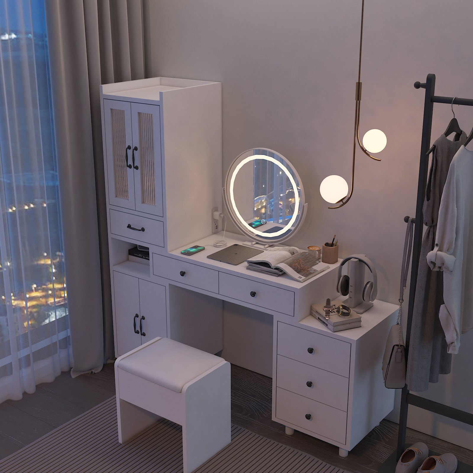 HAOYYE Modern Makeup Vanity Table Set with Side Cabinet, LED Mirror, 3 Light Colors, Retractable Dressing Table with Power Outlets, Adjustable LED Lighting, Storage Drawer, Elegant Makeup Desk for Bedroom, Dressing Room, Home Use