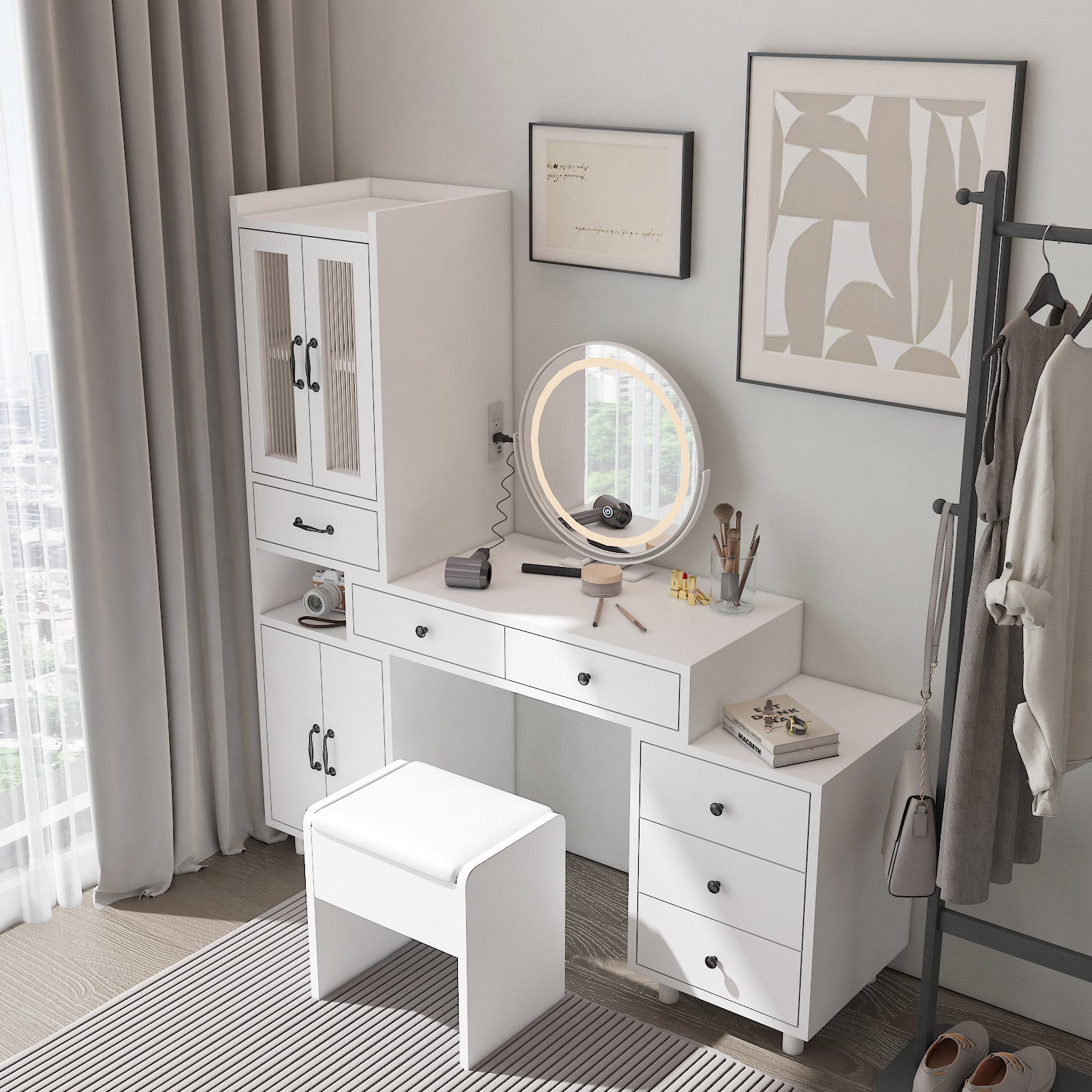 HAOYYE Modern Makeup Vanity Table Set with Side Cabinet, LED Mirror, 3 Light Colors, Retractable Dressing Table with Power Outlets, Adjustable LED Lighting, Storage Drawer, Elegant Makeup Desk for Bedroom, Dressing Room, Home Use