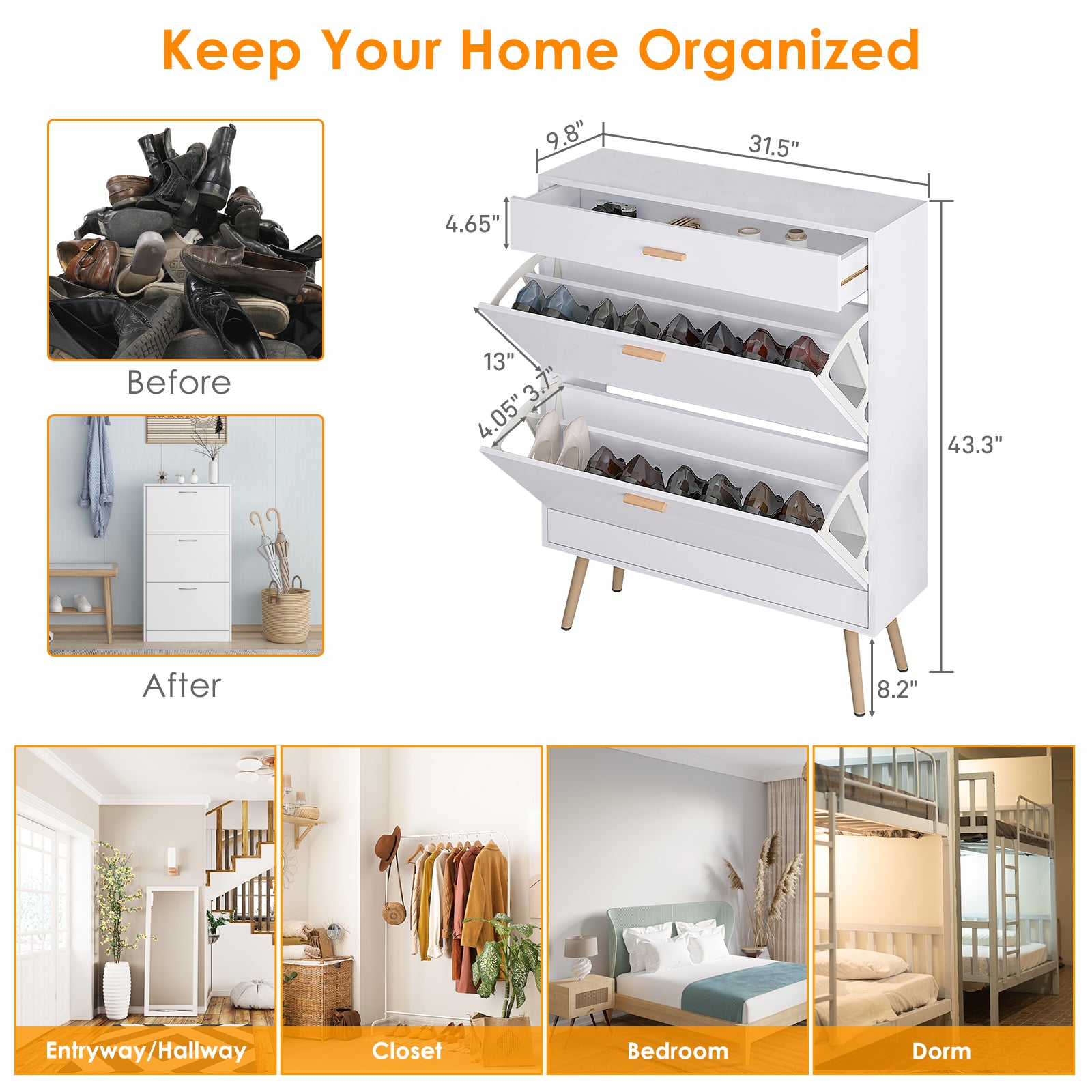 HAOYYE White Shoe Cabinet with 2 Flip Drawers Modern Shoe Rack Storage Organizer for Entryway Hallway or Closet Space-Saving Shoe Storage Cabinet for Heels Boots Sneakers and Slippers Freestanding Narrow Shoe Organizer with Hidden Design