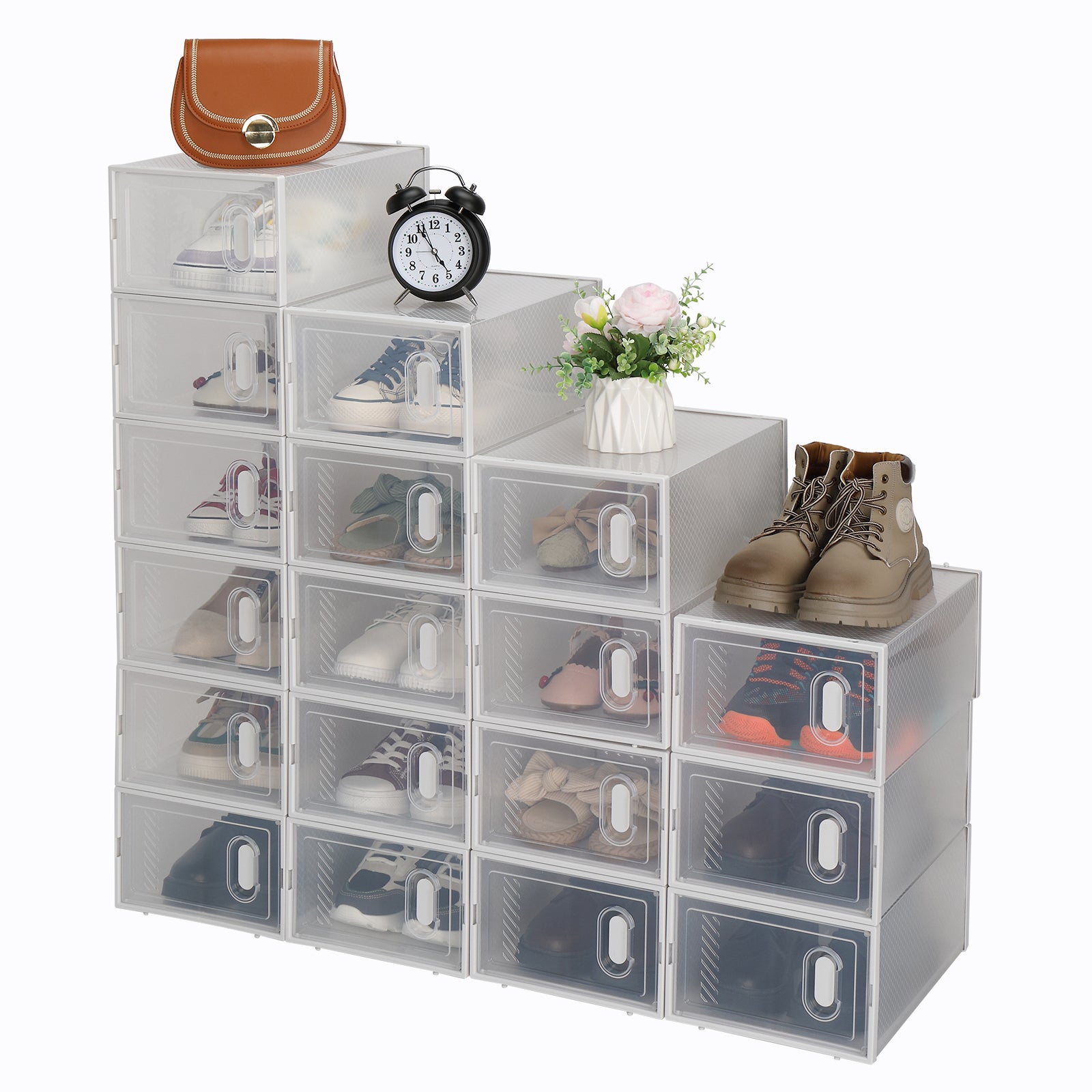 HAOYYE Clear Plastic Stackable Shoe Storage Boxes Pack of 18 White Durable Design Sturdy Multifunctional Organizer Modern Home Storage Solution Practical Space-Saving Organizer for Closet and Living Room