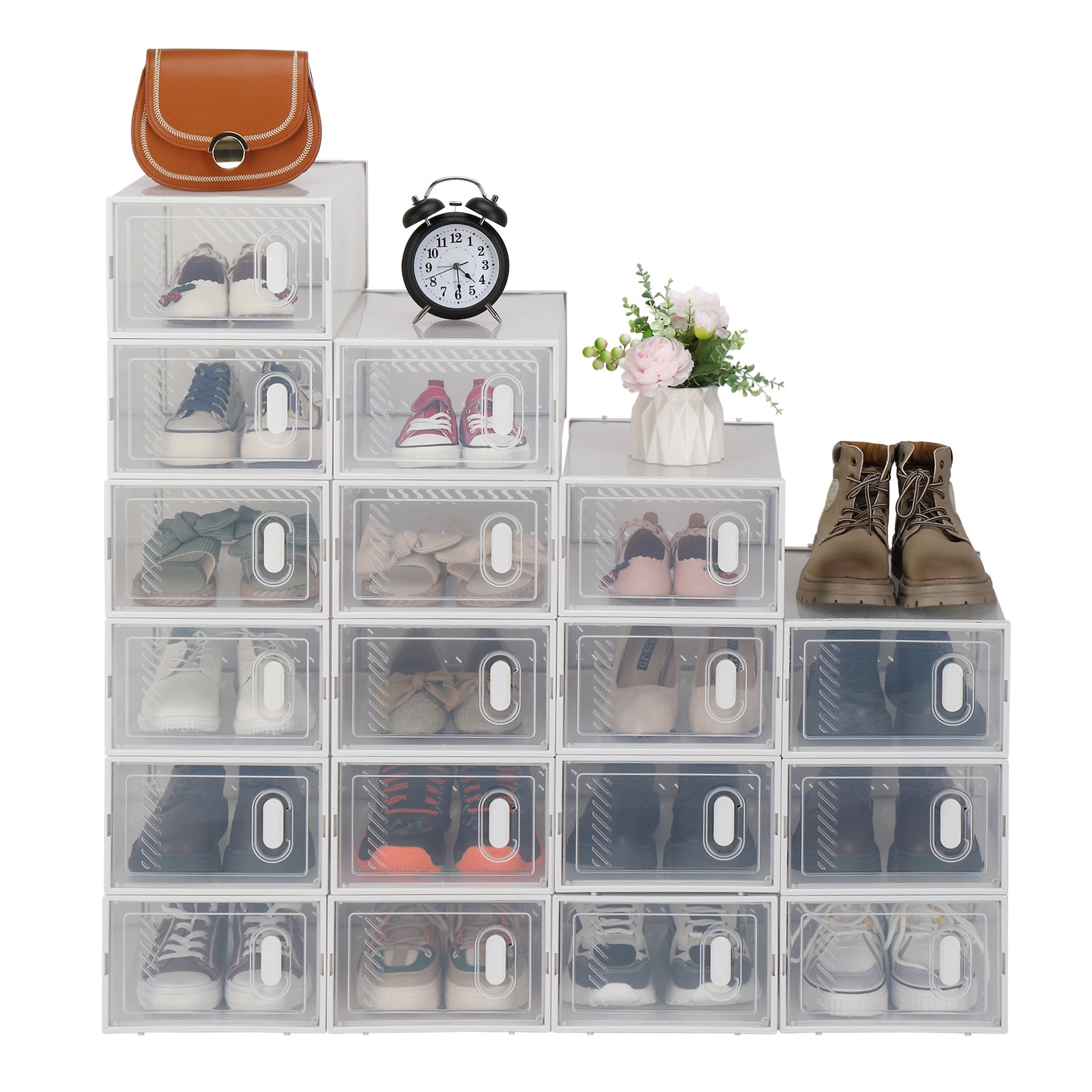 HAOYYE Clear Plastic Stackable Shoe Storage Boxes Pack of 18 White Durable Design Sturdy Multifunctional Organizer Modern Home Storage Solution Practical Space-Saving Organizer for Closet and Living Room