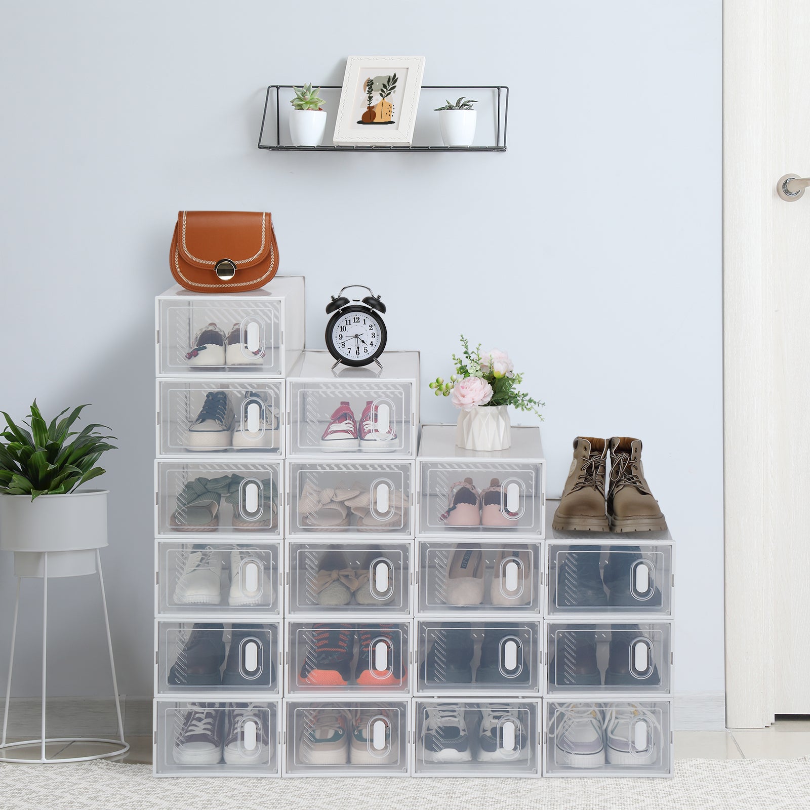 HAOYYE Clear Plastic Stackable Shoe Storage Boxes Pack of 18 White Durable Design Sturdy Multifunctional Organizer Modern Home Storage Solution Practical Space-Saving Organizer for Closet and Living Room