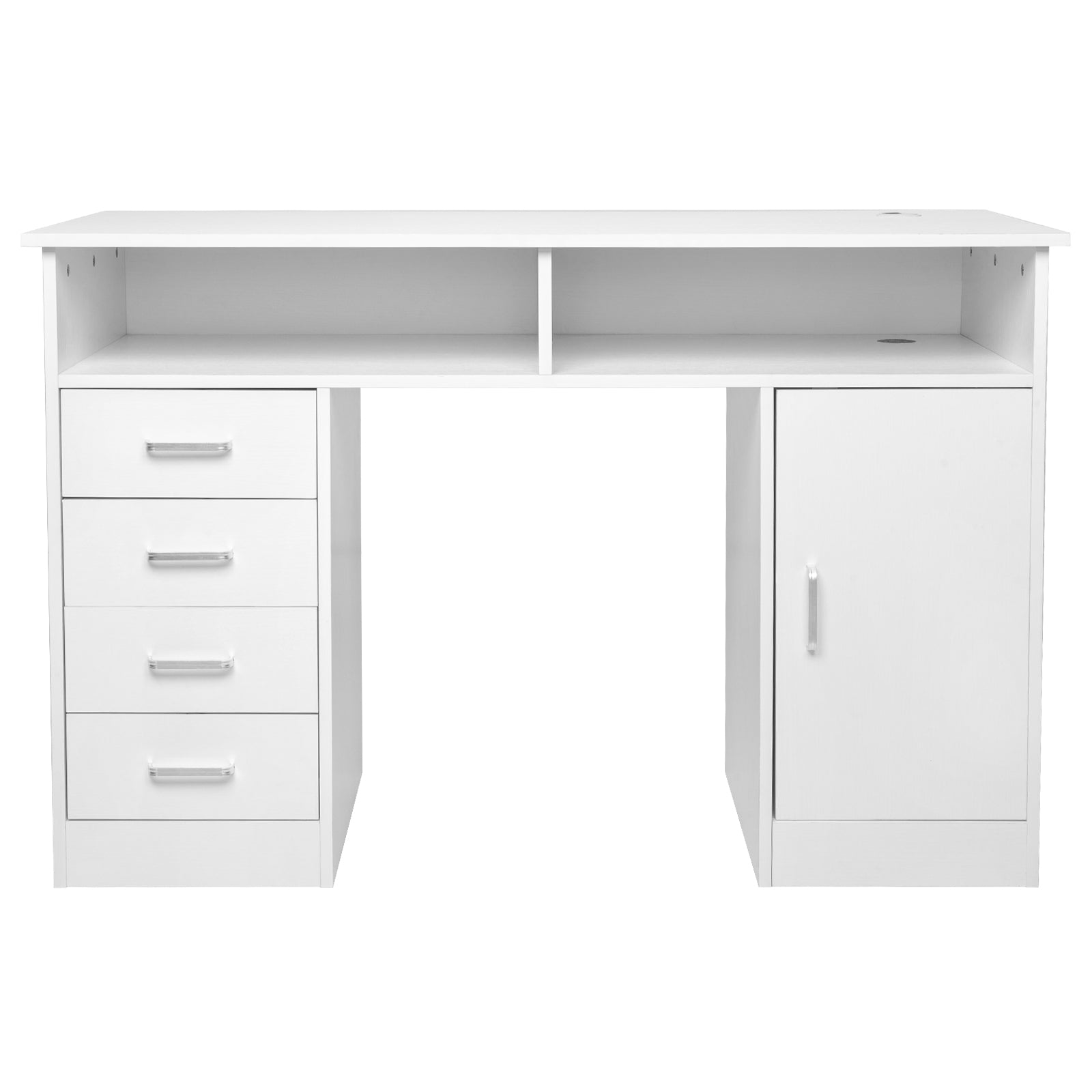 HAOYYE White Wood Grain Particle Board Computer Desk with Triamine Finish, One Door Four Drawers and Interlayer Storage, Modern Home Office Desk with Ample Storage and Durable Design
