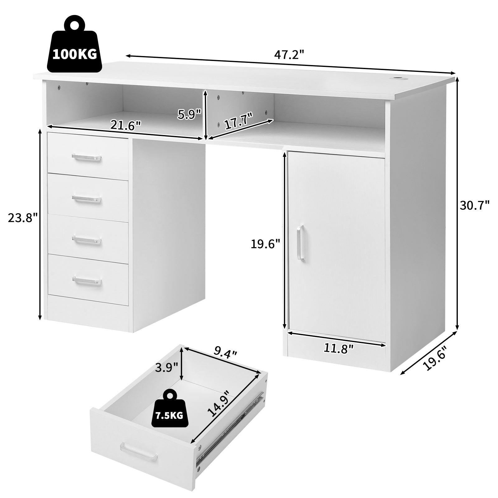 HAOYYE White Wood Grain Particle Board Computer Desk with Triamine Finish, One Door Four Drawers and Interlayer Storage, Modern Home Office Desk with Ample Storage and Durable Design