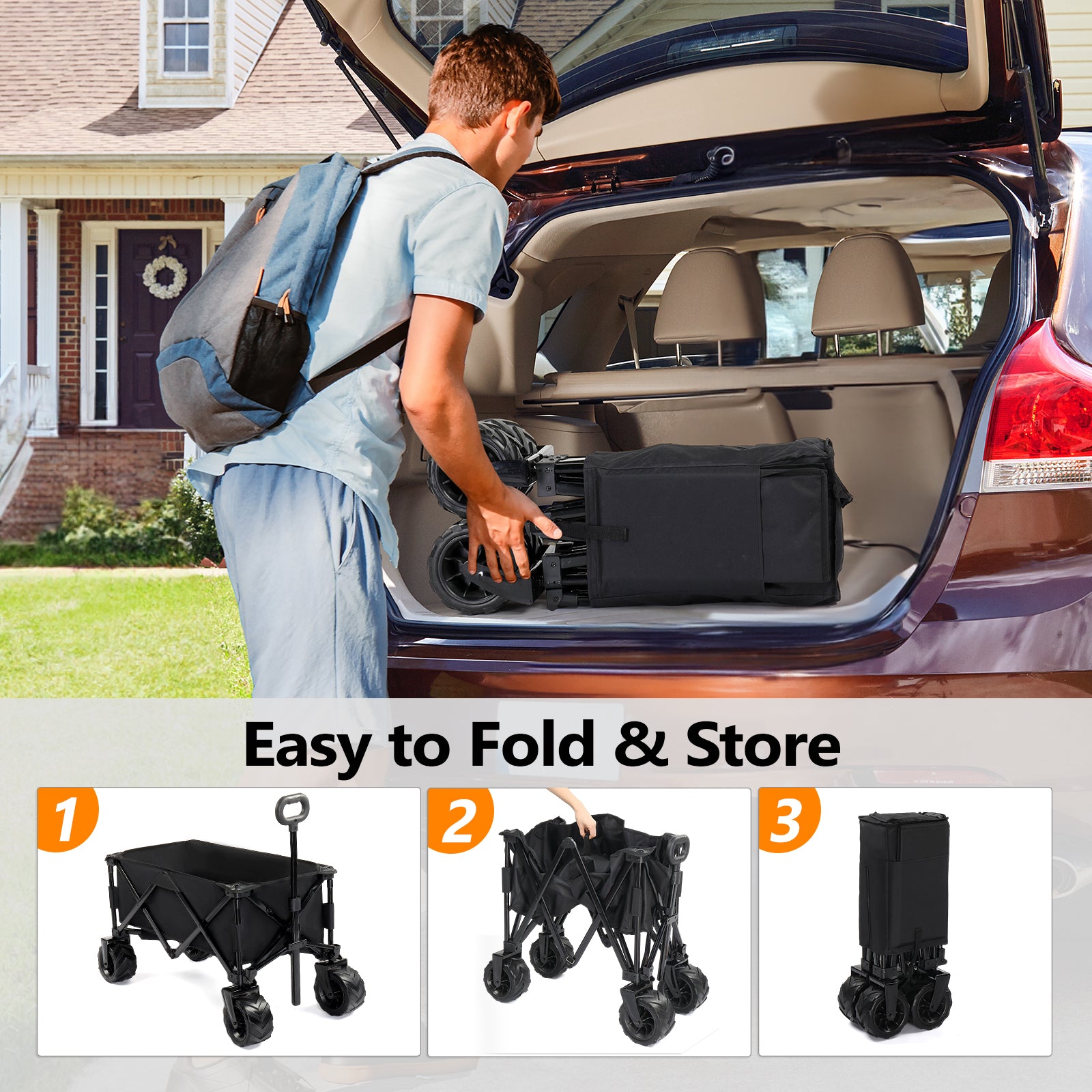 HAOYYE Black Folding Garden Cart Portable Utility Wagon Outdoor Yard Cart with Handle Collapsible Rolling Cart for Lawn Patio Camping Tools Storage Heavy Duty Garden Equipment Carrier Easy to Fold and Store Durable Frame