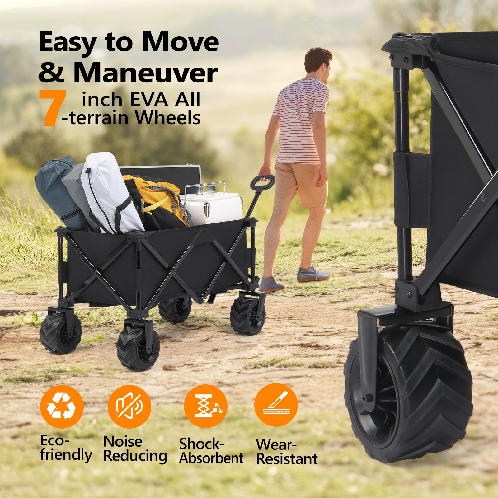 HAOYYE Black Folding Garden Cart Portable Utility Wagon Outdoor Yard Cart with Handle Collapsible Rolling Cart for Lawn Patio Camping Tools Storage Heavy Duty Garden Equipment Carrier Easy to Fold and Store Durable Frame