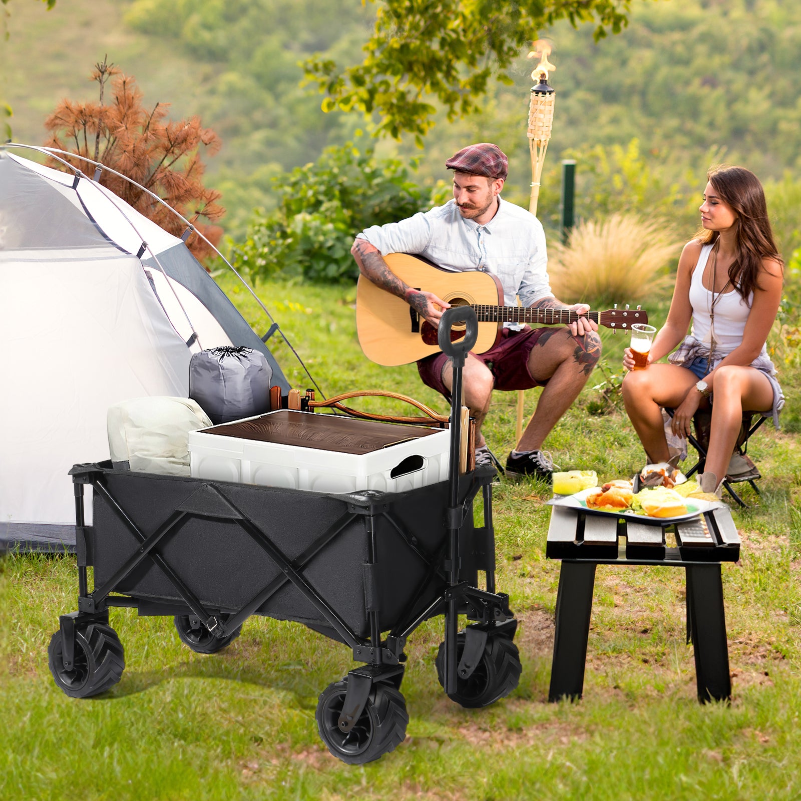 HAOYYE Black Folding Garden Cart Portable Utility Wagon Outdoor Yard Cart with Handle Collapsible Rolling Cart for Lawn Patio Camping Tools Storage Heavy Duty Garden Equipment Carrier Easy to Fold and Store Durable Frame