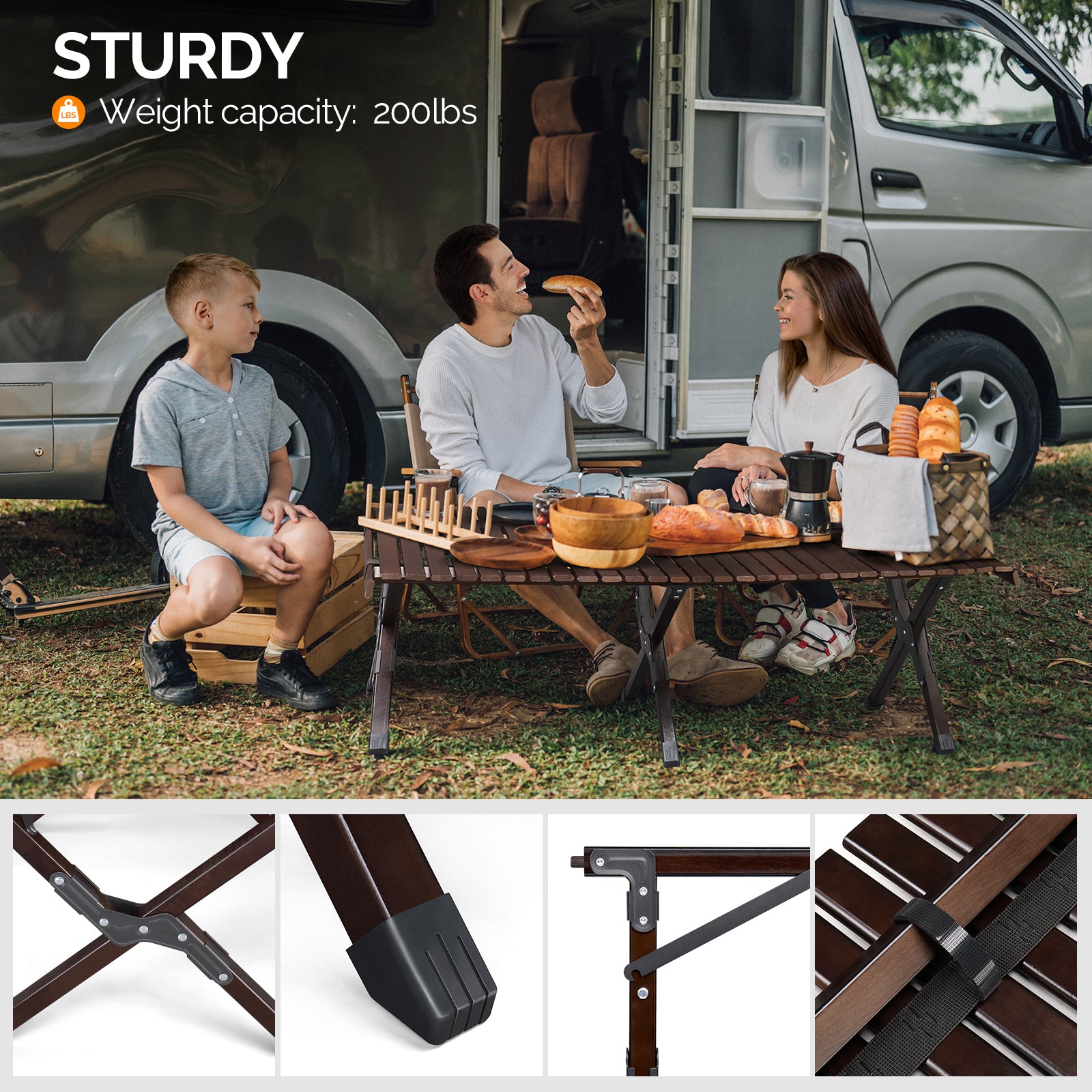 HAOYYE Wooden Camping Roll Table in Dark Walnut Color Portable Folding Picnic Table with Roll Up Slatted Top and Carry Bag Lightweight Compact Outdoor Dining Table for BBQ Hiking Patio Travel and Garden Activities