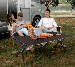 HAOYYE Wooden Camping Roll Table in Dark Walnut Color Portable Folding Picnic Table with Roll Up Slatted Top and Carry Bag Lightweight Compact Outdoor Dining Table for BBQ Hiking Patio Travel and Garden Activities