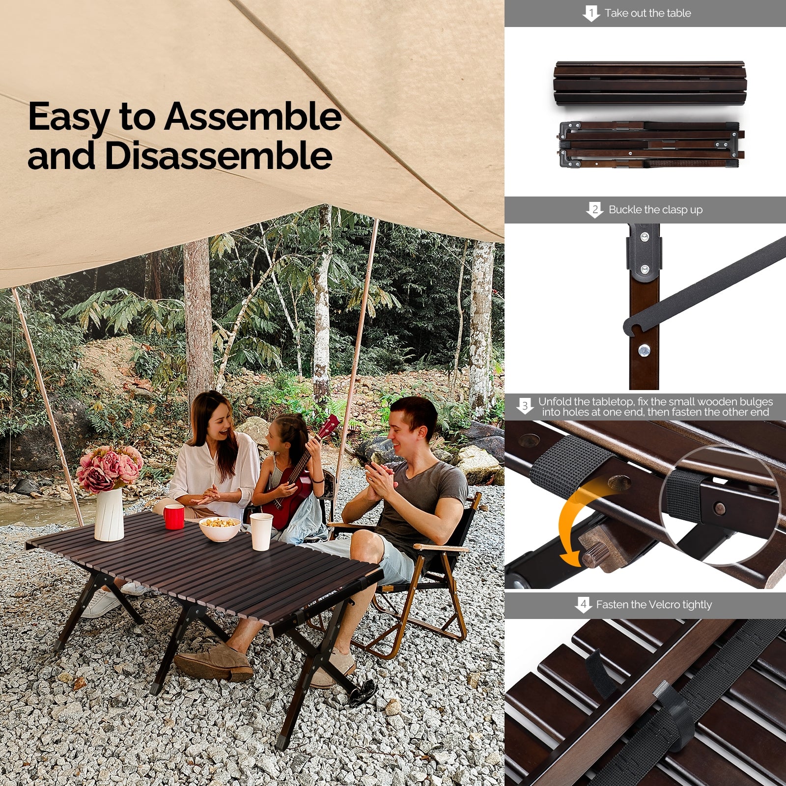 HAOYYE Wooden Camping Roll Table in Dark Walnut Color Portable Folding Picnic Table with Roll Up Slatted Top and Carry Bag Lightweight Compact Outdoor Dining Table for BBQ Hiking Patio Travel and Garden Activities
