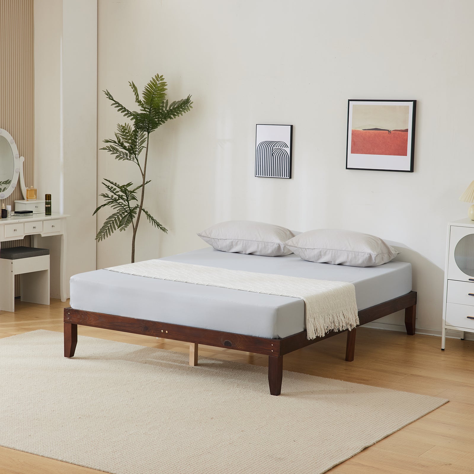 Haoyye Basic Painted Pine Wood Bed Frame in Brown, Full Single Wooden Bed with Durable, Sturdy Construction and Minimalist Eco Friendly Design, Easy to Assemble for Modern Bedrooms, Providing Superior Stability and Timeless Style for a Sleek Sleep Space