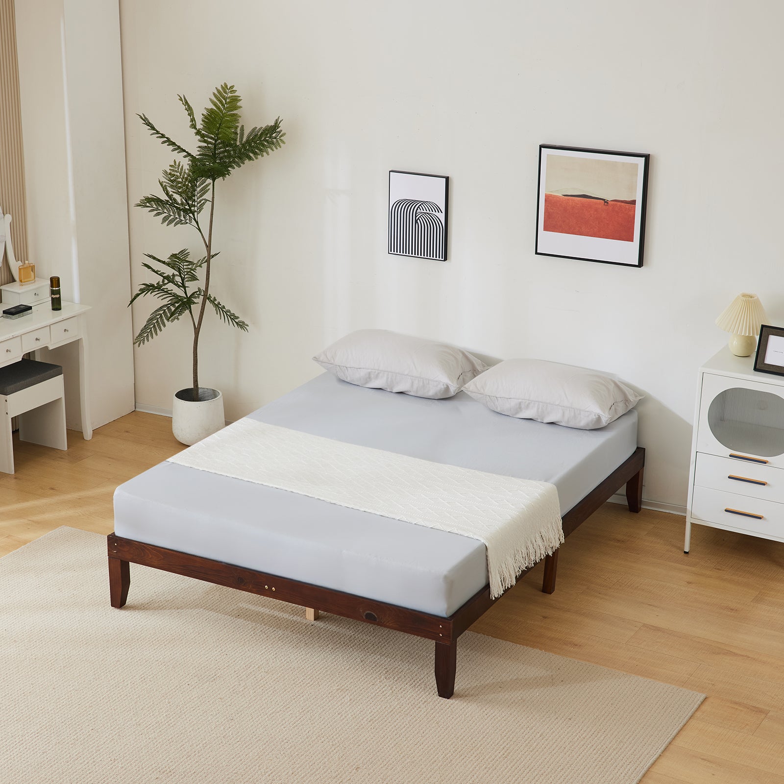 Haoyye Basic Painted Pine Wood Bed Frame in Brown, Full Single Wooden Bed with Durable, Sturdy Construction and Minimalist Eco Friendly Design, Easy to Assemble for Modern Bedrooms, Providing Superior Stability and Timeless Style for a Sleek Sleep Space