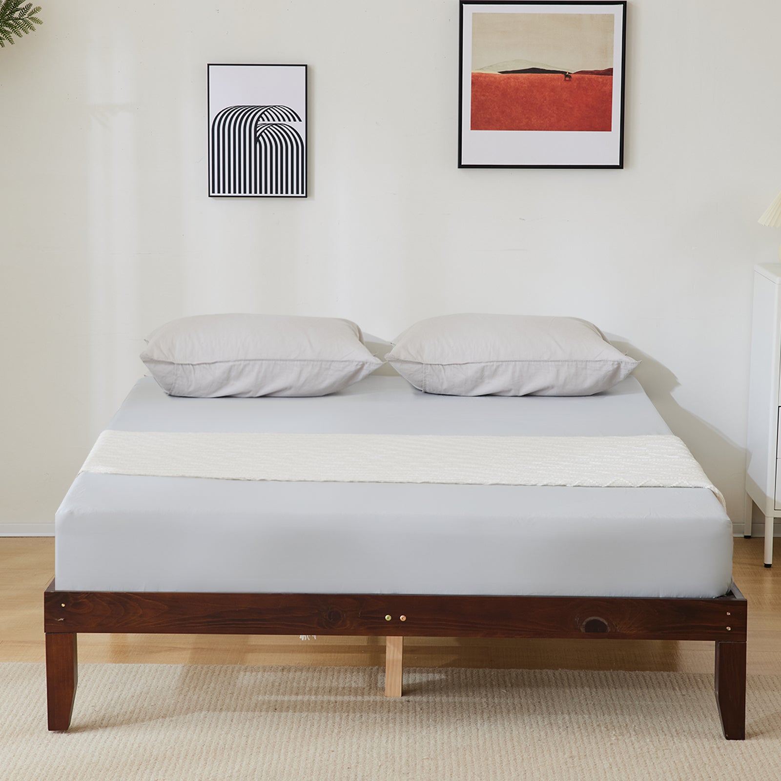 Haoyye Basic Painted Pine Wood Bed Frame in Brown, Full Single Wooden Bed with Durable, Sturdy Construction and Minimalist Eco Friendly Design, Easy to Assemble for Modern Bedrooms, Providing Superior Stability and Timeless Style for a Sleek Sleep Space