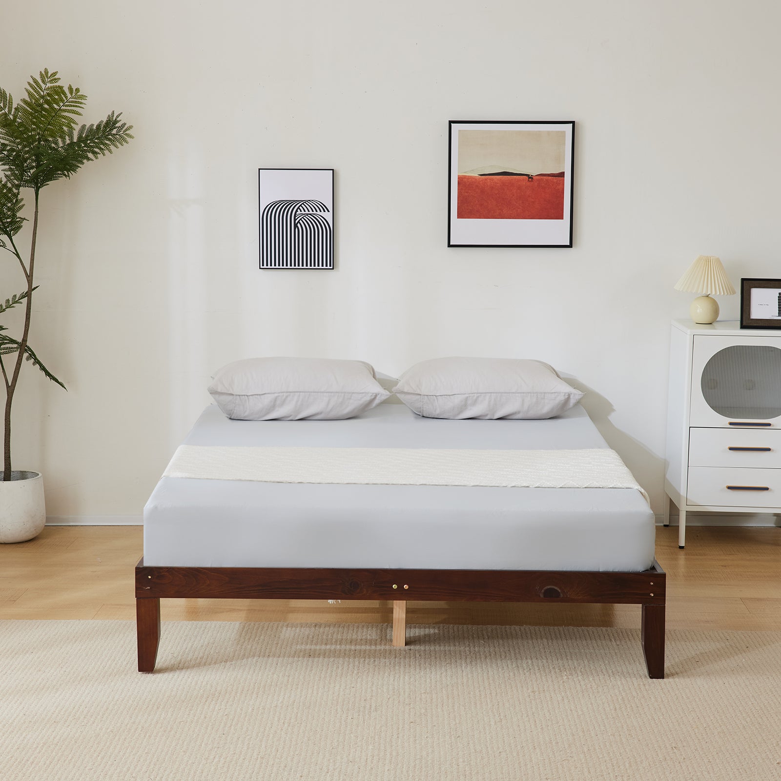 Haoyye Basic Painted Pine Wood Bed Frame in Brown, Full Single Wooden Bed with Durable, Sturdy Construction and Minimalist Eco Friendly Design, Easy to Assemble for Modern Bedrooms, Providing Superior Stability and Timeless Style for a Sleek Sleep Space