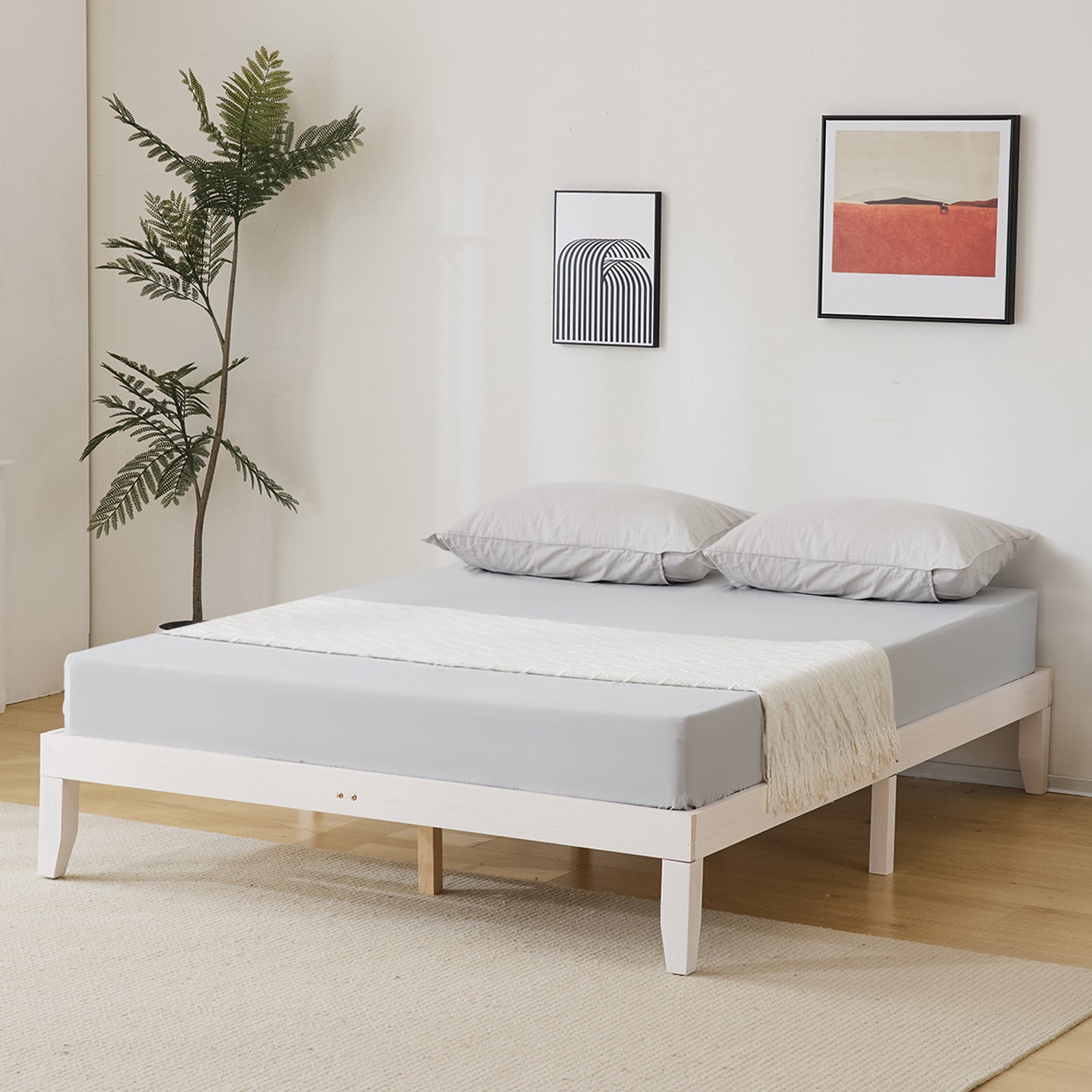Haoyye Basic Painted Pine Wood Bed Frame, White – Full Single Wooden Bed With Sturdy Construction And Minimalist Design, Eco-Friendly, Easy To Assemble For Modern Bedrooms